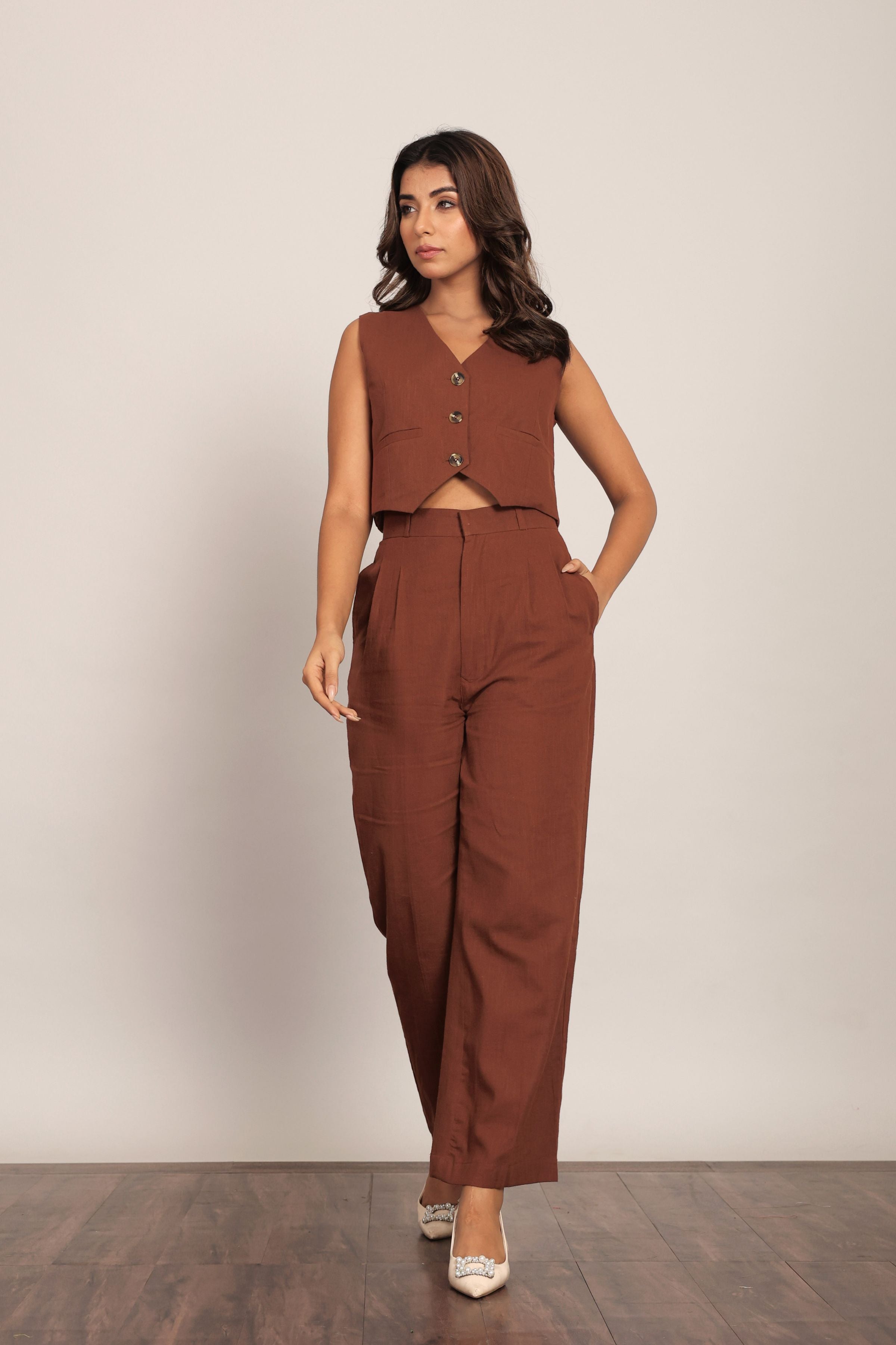 Brown Solid Western Cord-Set Relaxed Top and Pant - Kaoribyshreya
