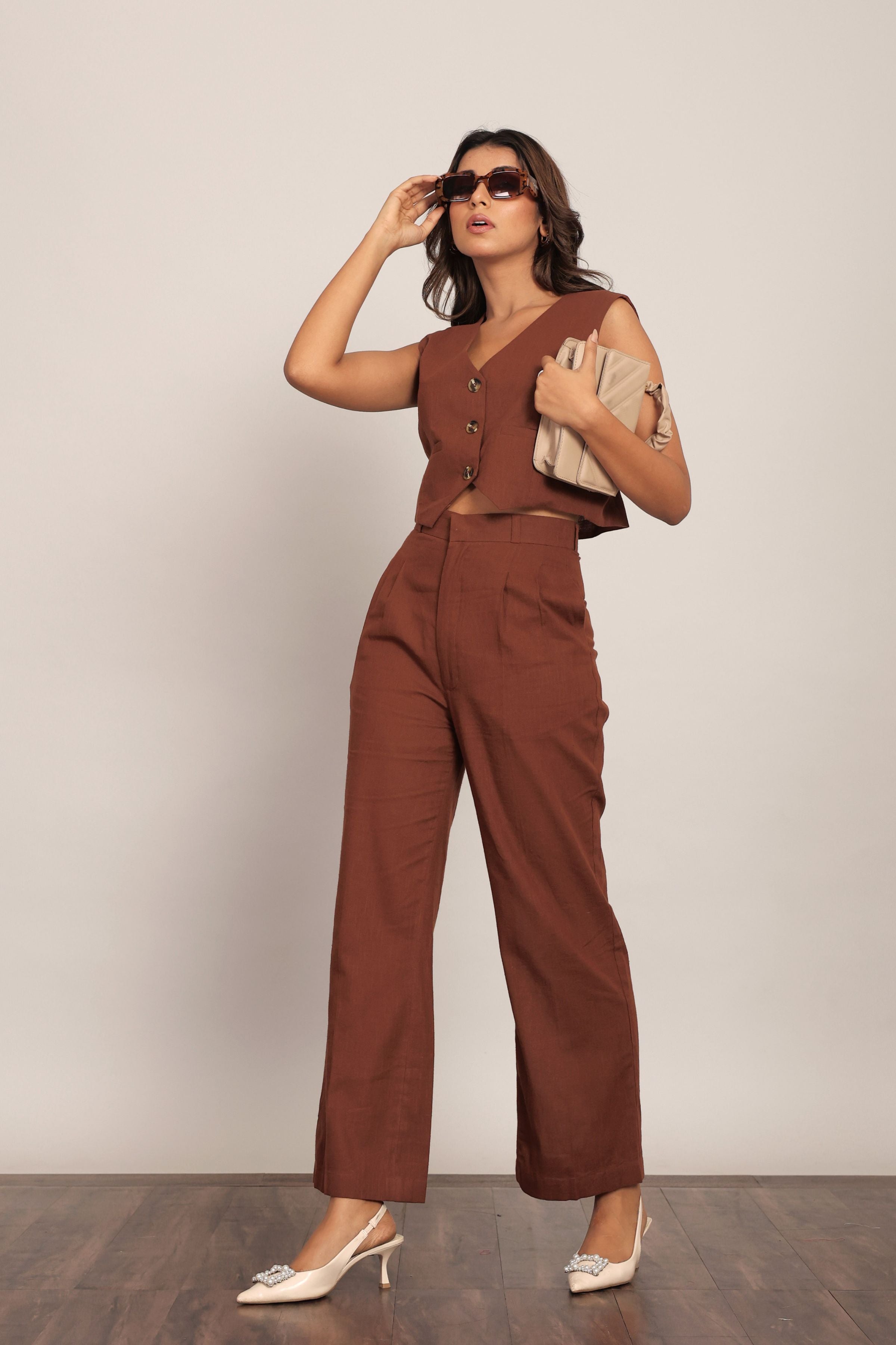 Brown Solid Western Cord-Set Relaxed Top and Pant - Kaoribyshreya