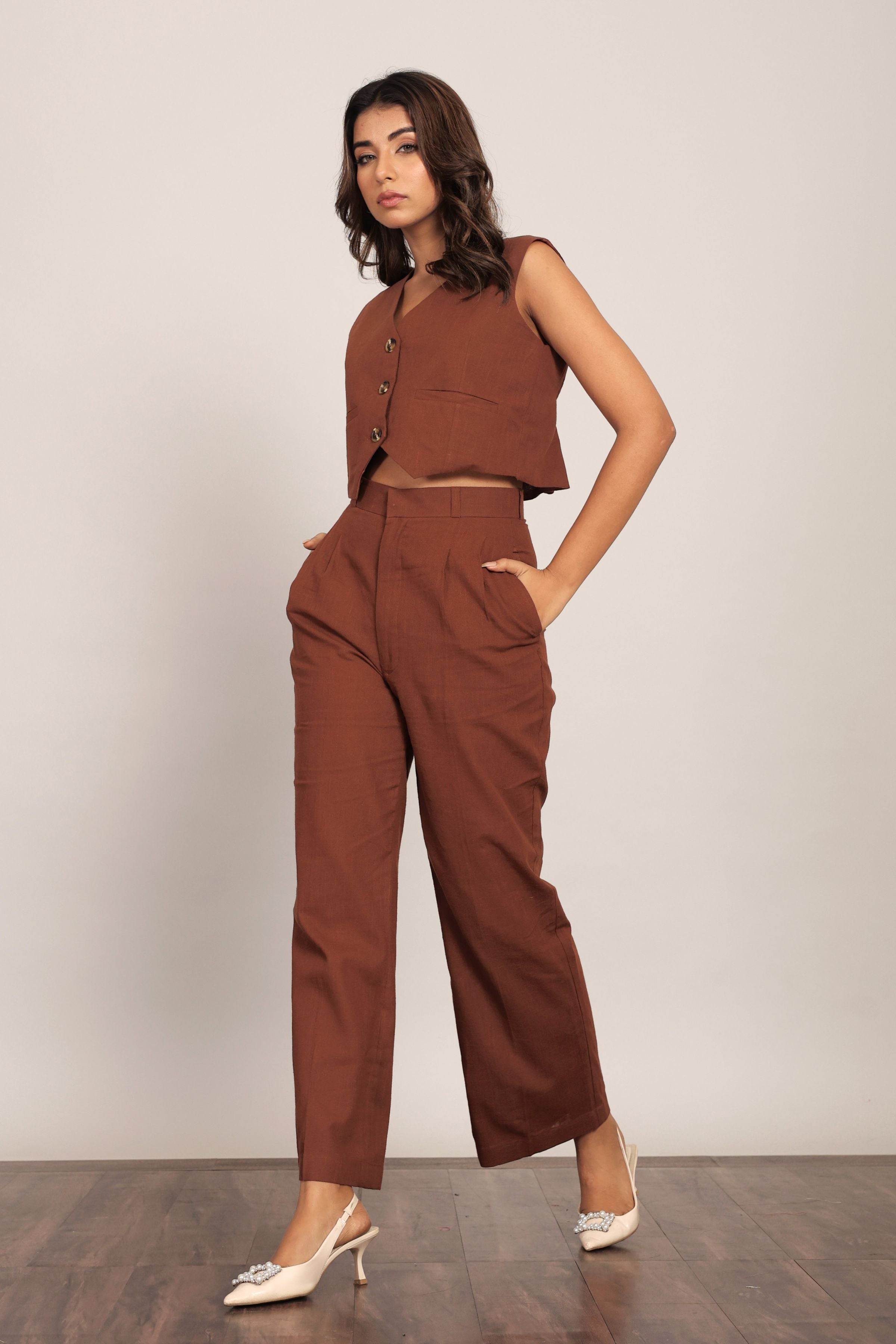 Brown Solid Western Cord-Set Relaxed Top and Pant - Kaoribyshreya