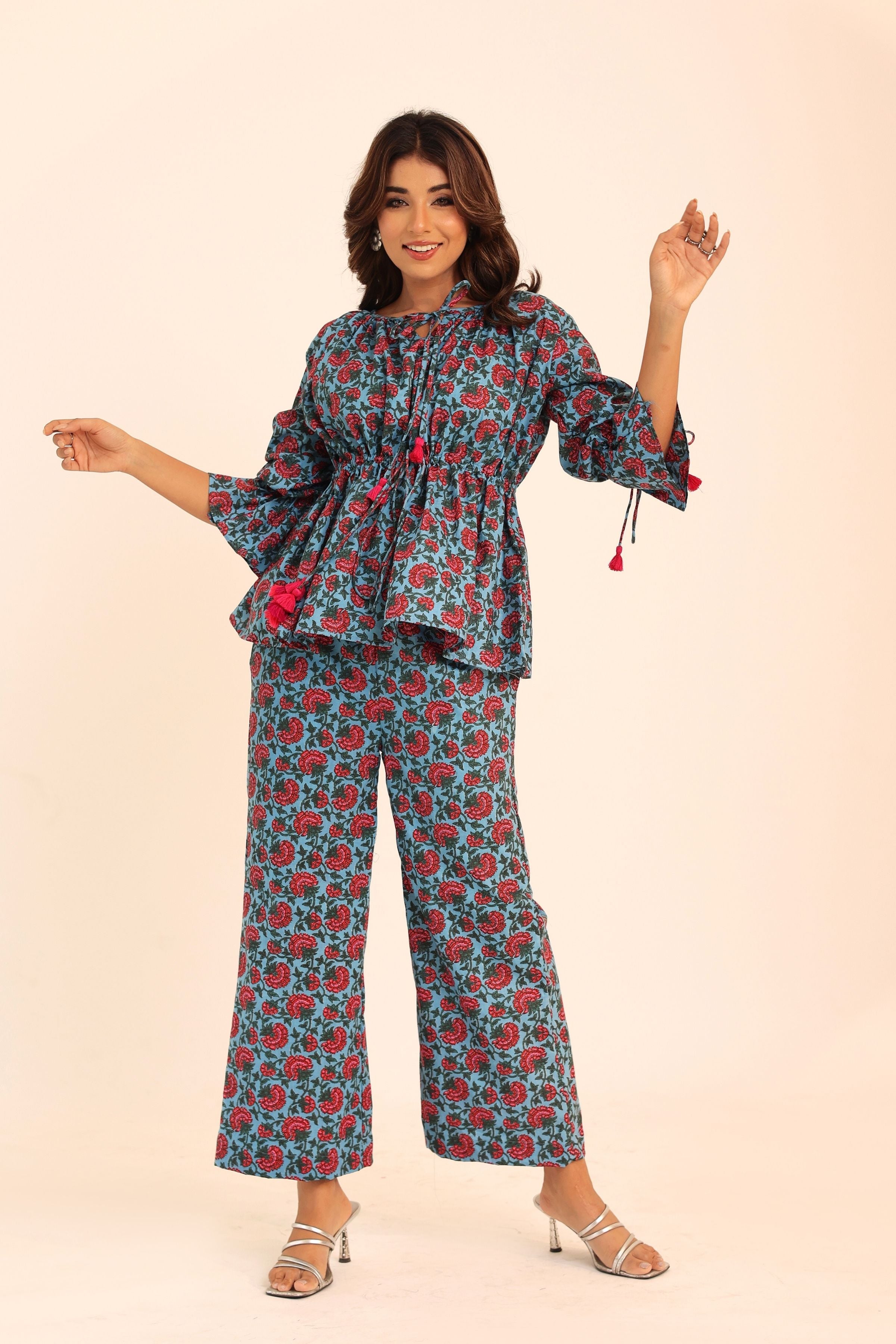 Floral Print Blue and Pink Cord-Set with Waist Tie up Top and Pant - Kaoribyshreya