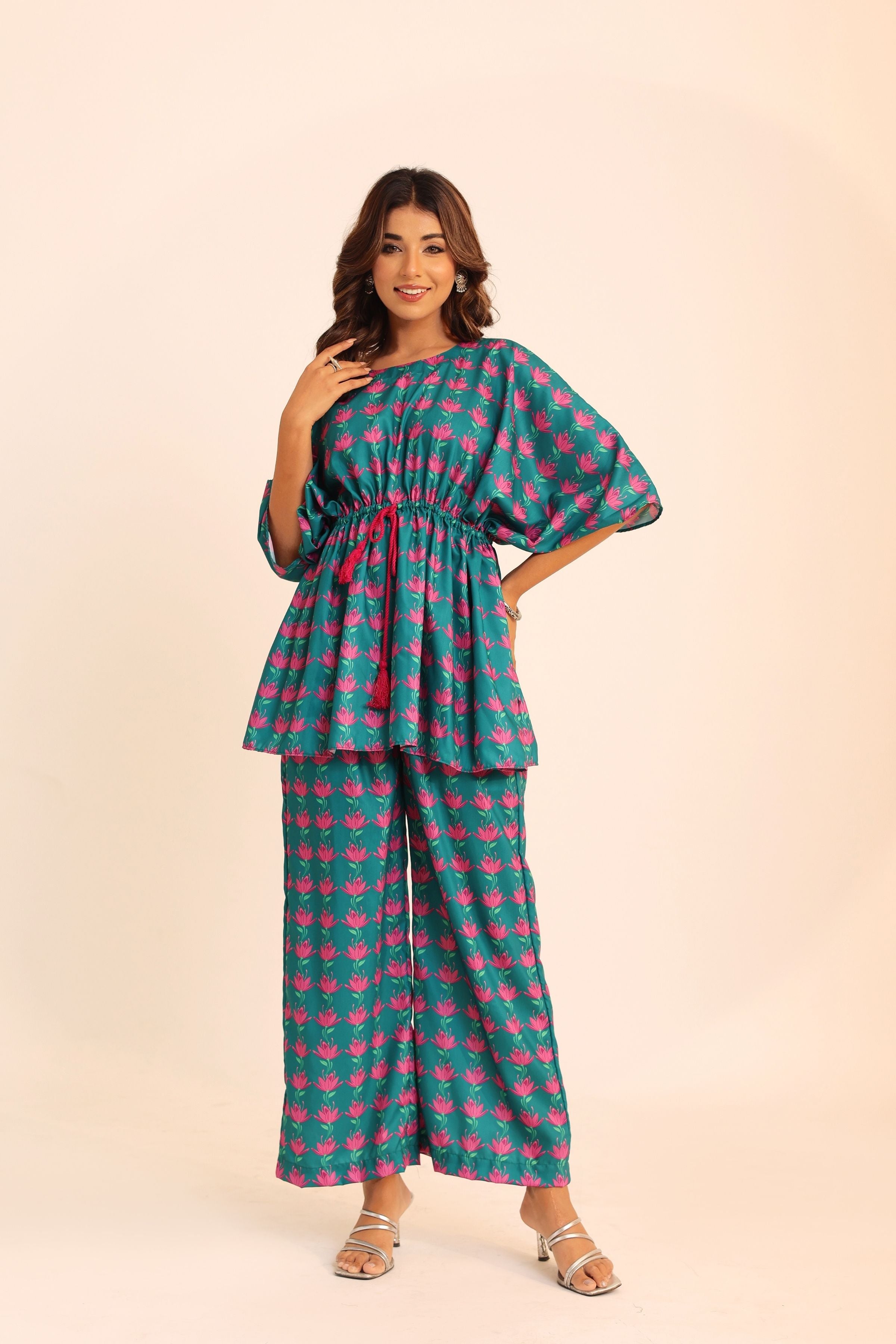 Geomatric Print Multicolor Cord-Set with Waist Tie up Top and Pant - Kaoribyshreya