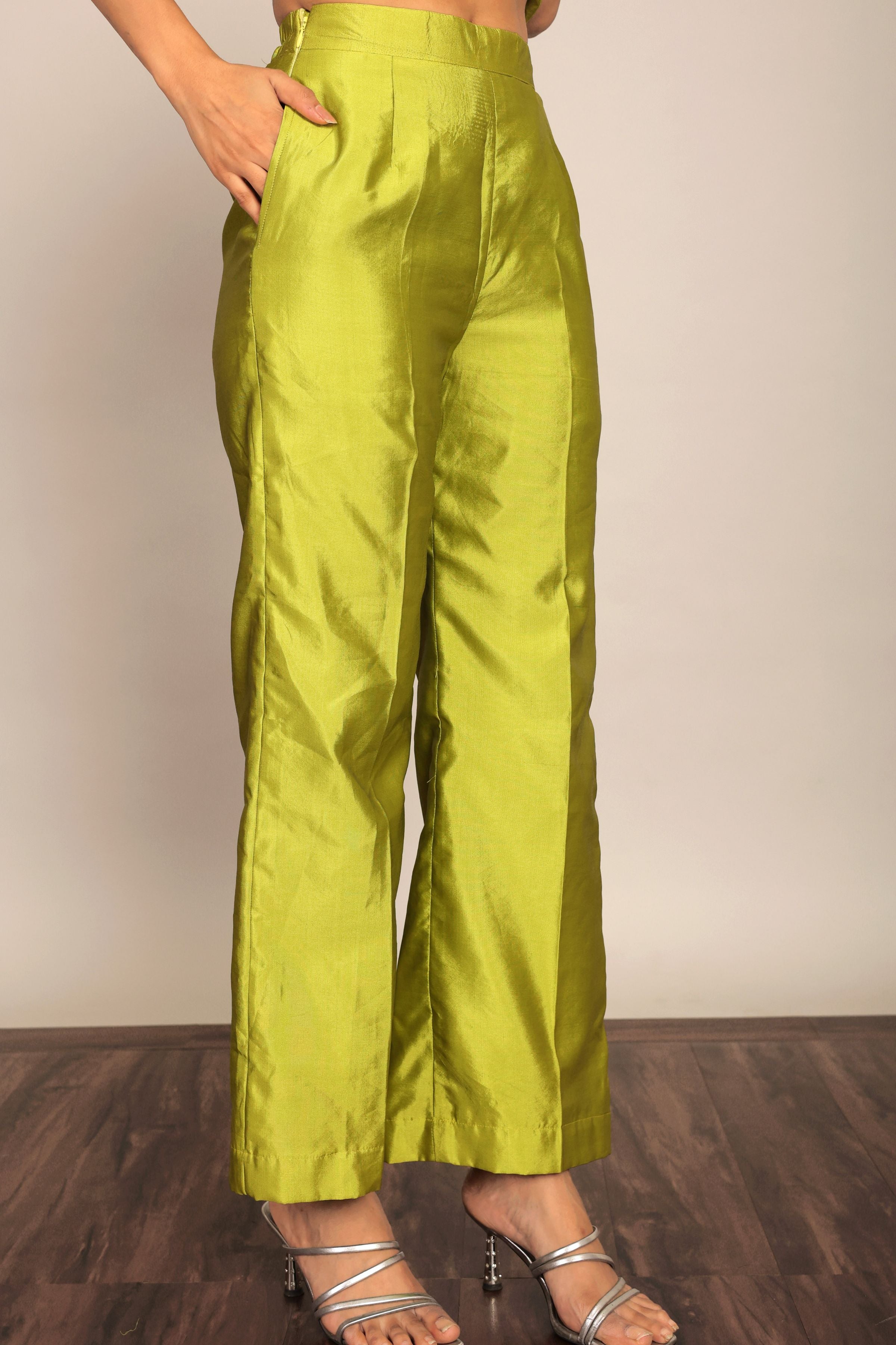 Green Solid Western Cord-Set Top and Pant With Waist Tie Up Belt - Kaoribyshreya