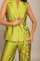 Green Solid Western Cord-Set Top and Pant With Waist Tie Up Belt - Kaoribyshreya
