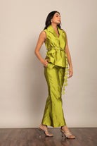 Green Solid Western Cord-Set Top and Pant With Waist Tie Up Belt - Kaoribyshreya