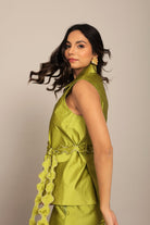 Green Solid Western Cord-Set Top and Pant With Waist Tie Up Belt - Kaoribyshreya