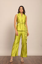 Green Solid Western Cord-Set Top and Pant With Waist Tie Up Belt - Kaoribyshreya