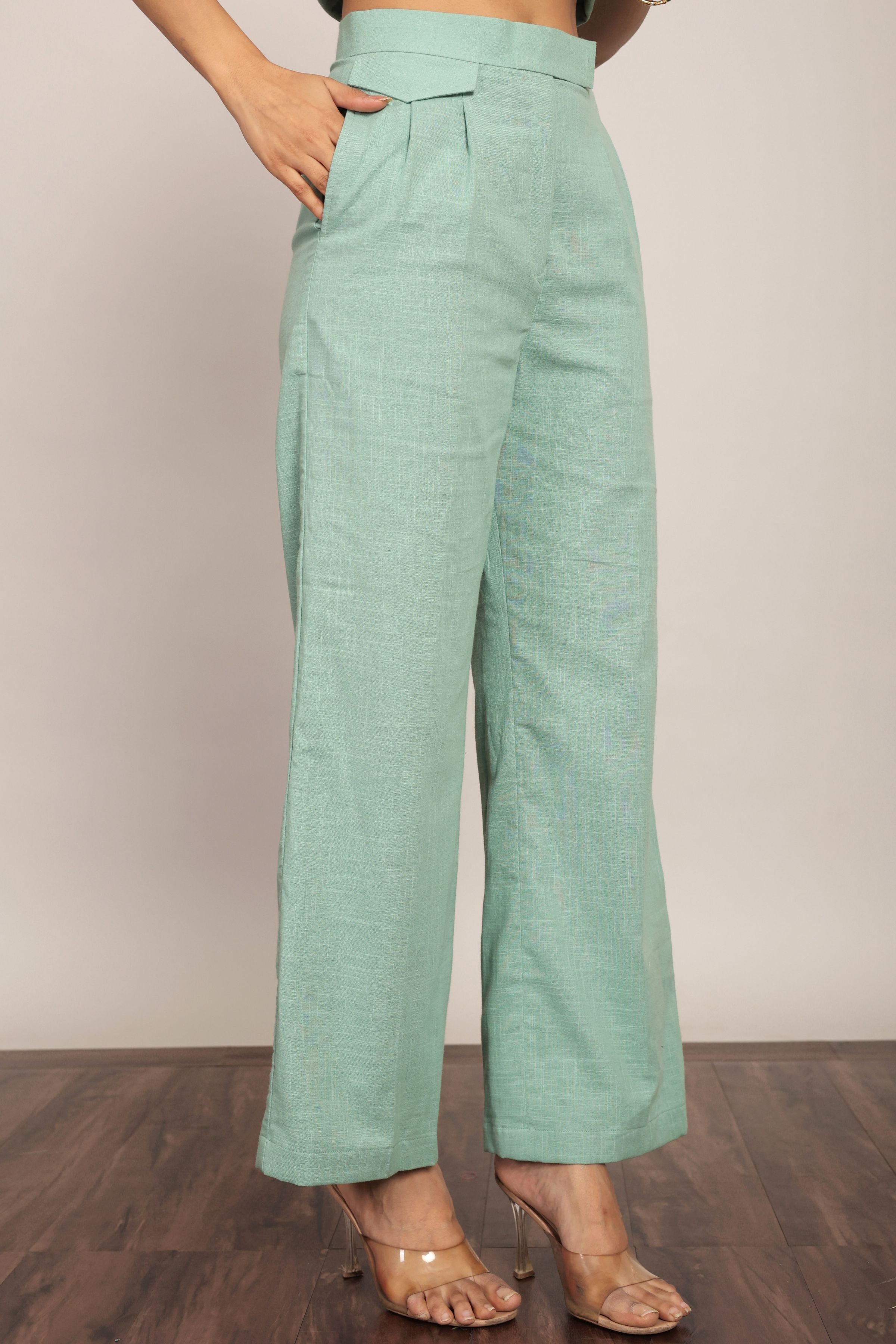Mint Green Solid Western Cord-Set Bust Fitted Top and Relaxed Pant - Kaoribyshreya