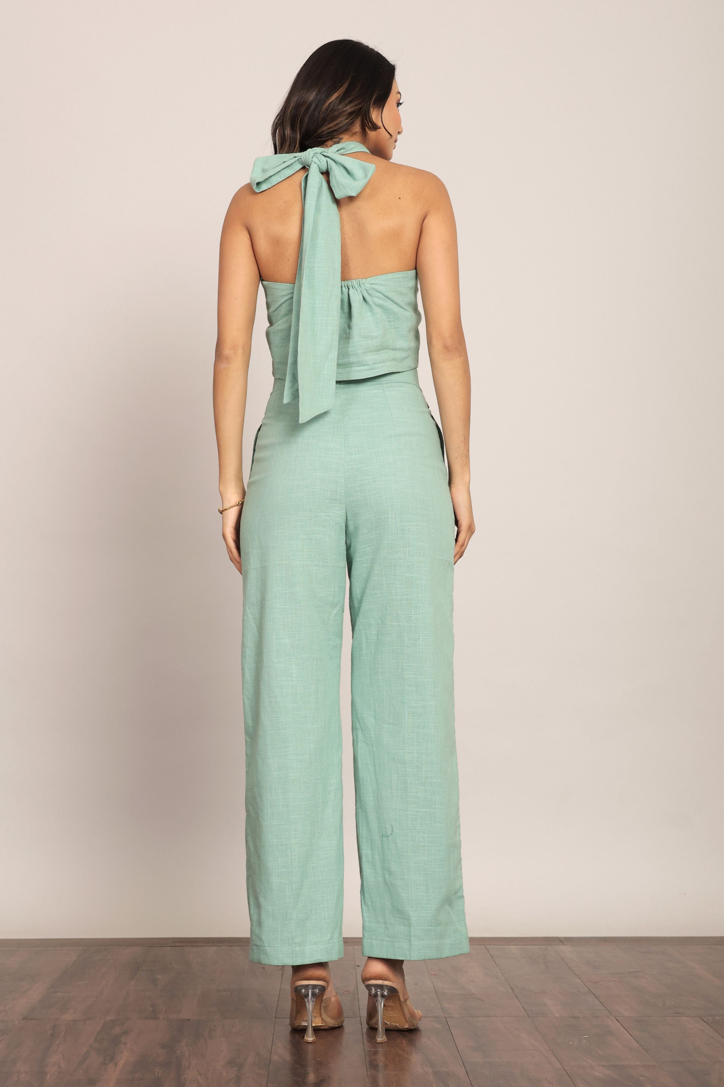 Mint Green Solid Western Cord-Set Bust Fitted Top and Relaxed Pant - Kaoribyshreya