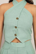Mint Green Solid Western Cord-Set Bust Fitted Top and Relaxed Pant - Kaoribyshreya