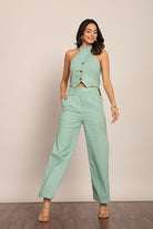 Mint Green Solid Western Cord-Set Bust Fitted Top and Relaxed Pant - Kaoribyshreya