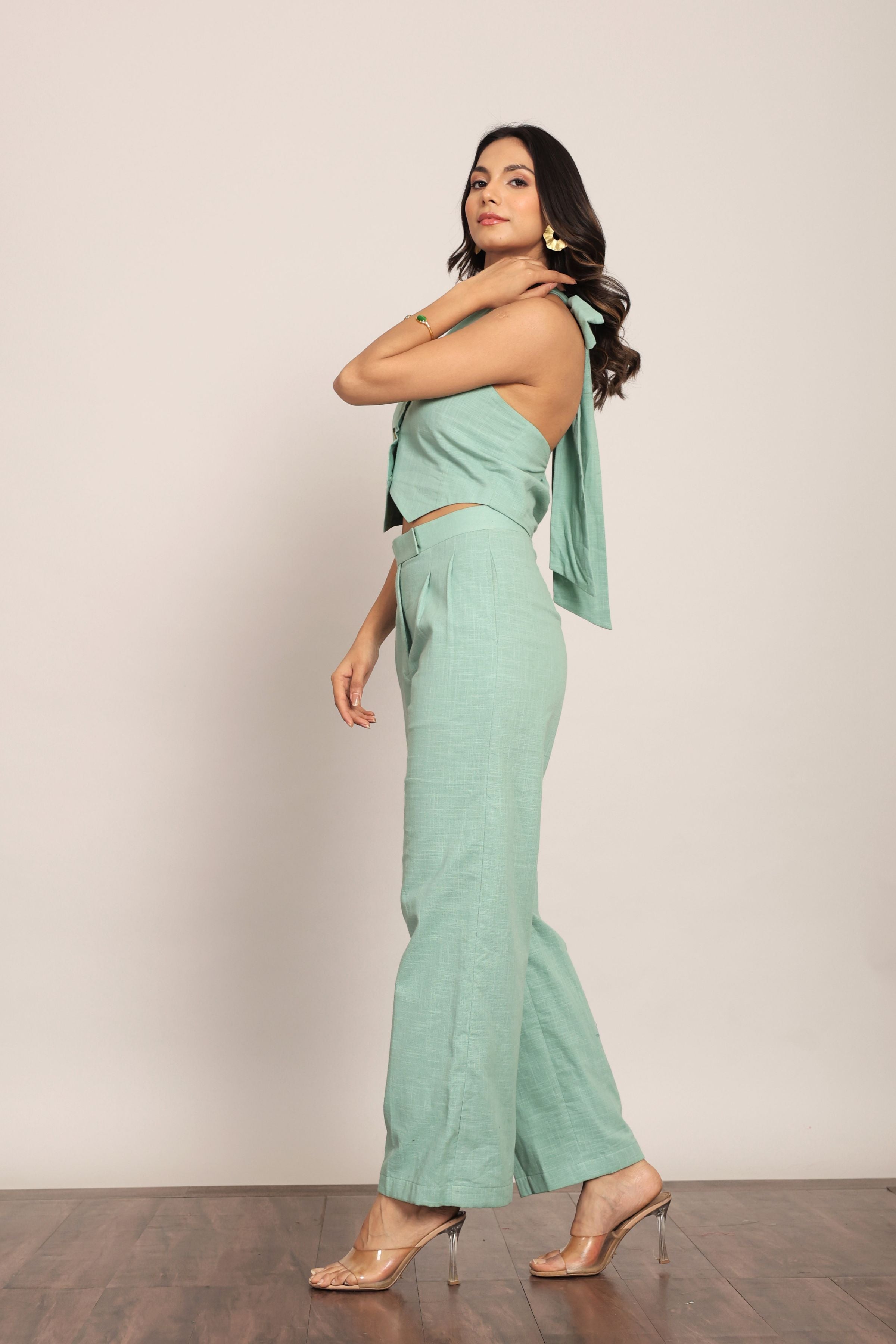 Mint Green Solid Western Cord-Set Bust Fitted Top and Relaxed Pant - Kaoribyshreya