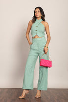 Mint Green Solid Western Cord-Set Bust Fitted Top and Relaxed Pant - Kaoribyshreya