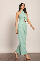 Mint Green Solid Western Cord-Set Bust Fitted Top and Relaxed Pant - Kaoribyshreya