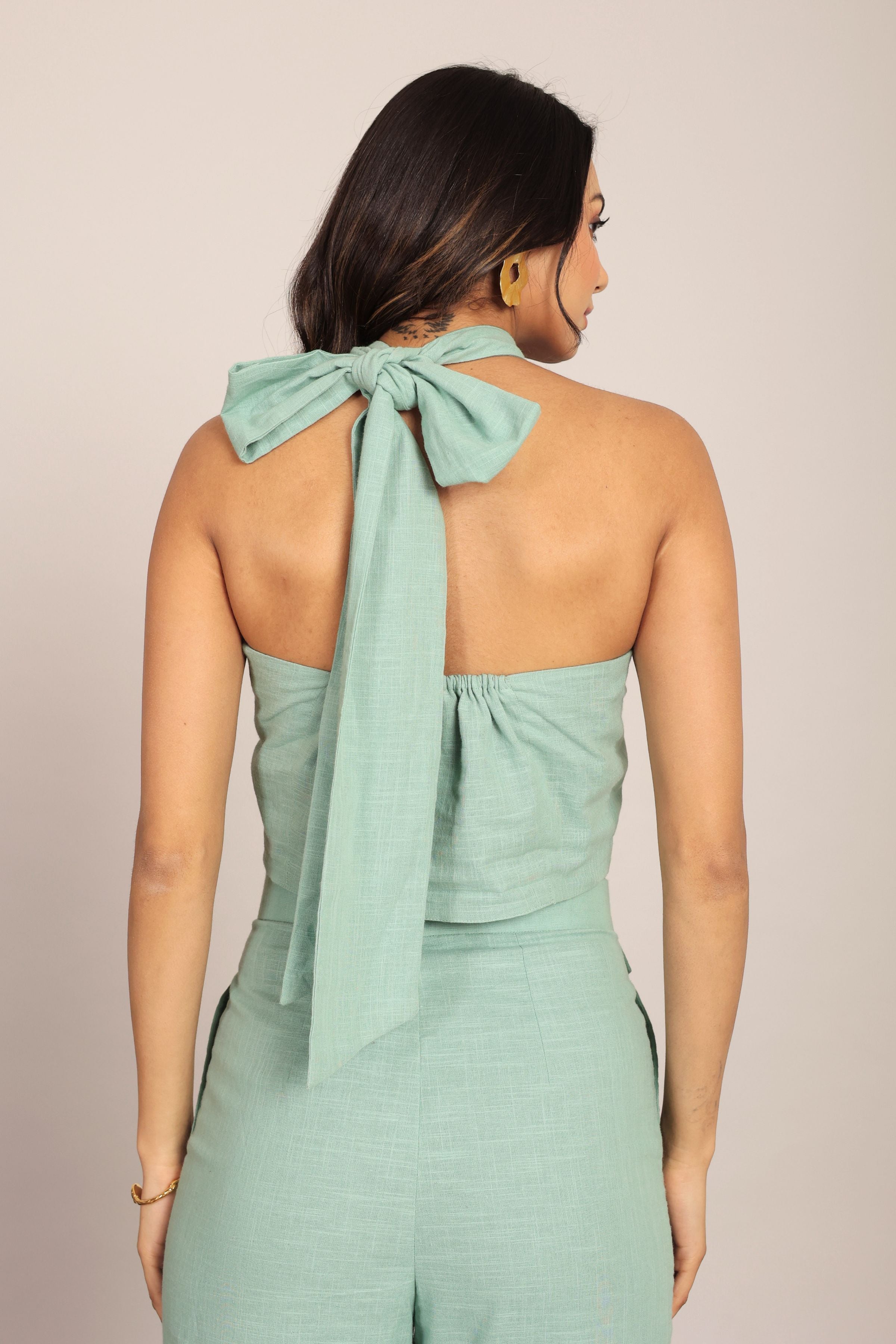Mint Green Solid Western Cord-Set Bust Fitted Top and Relaxed Pant - Kaoribyshreya