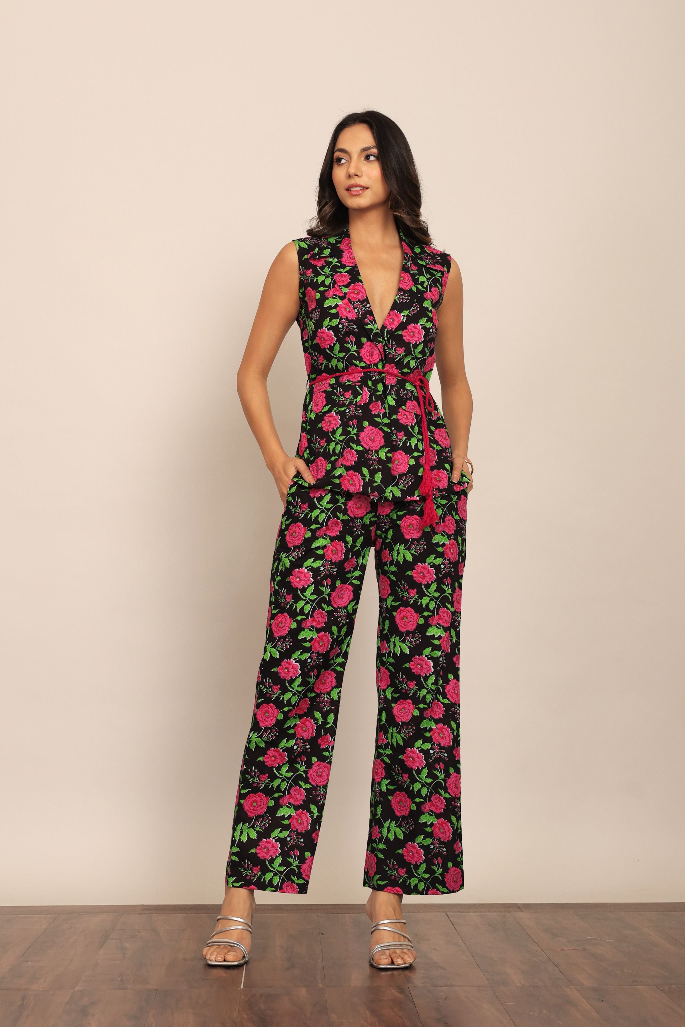 Black Multicolor Floral Printed Western Cord-Set Relaxed Top and Pant - Kaoribyshreya