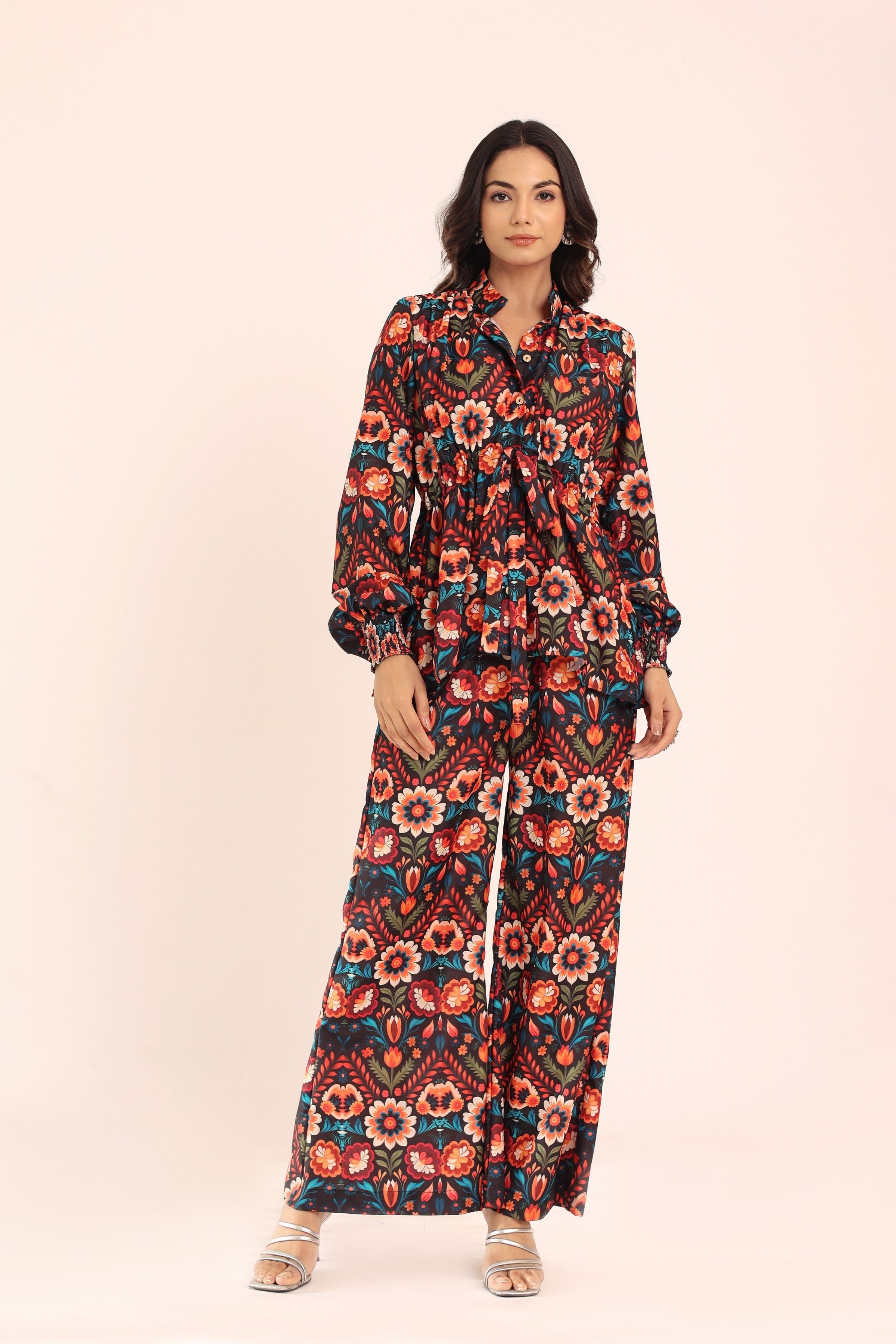 Multicolor Floral Printed Relaxed Cord-Set Top and Pant with 2 Pant Pockets - Kaoribyshreya