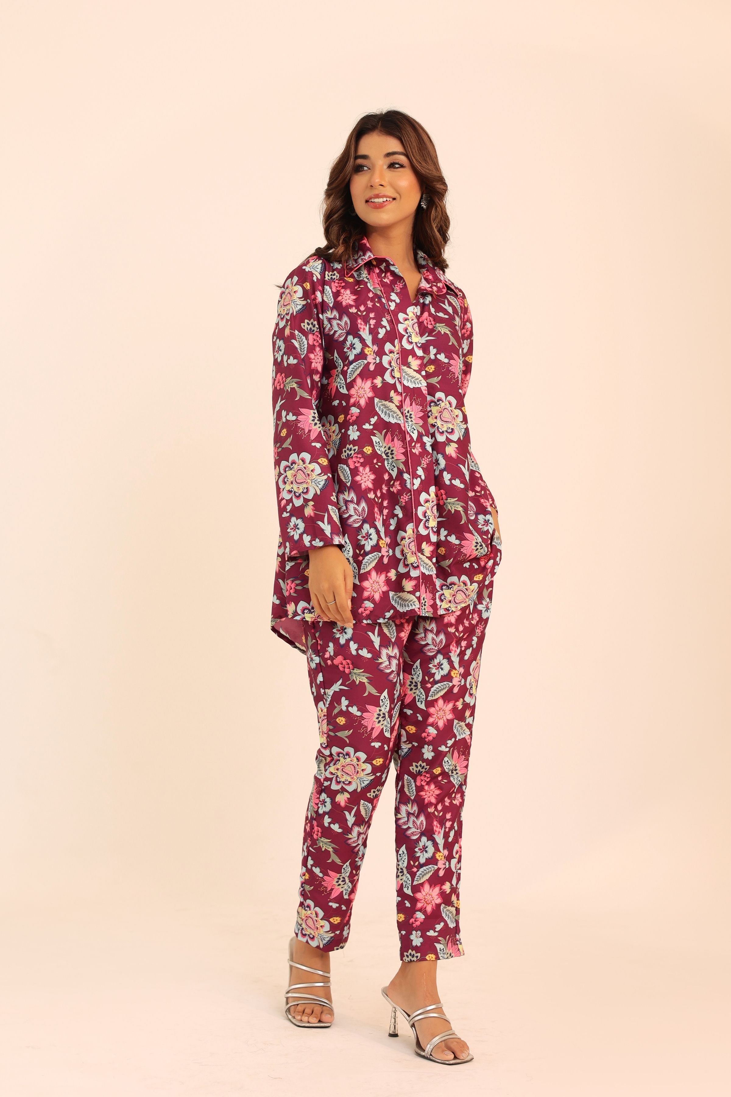 Multicolor Floral Printed Relaxed Cord-Set With Collar Neckline Top and Pant - Kaoribyshreya
