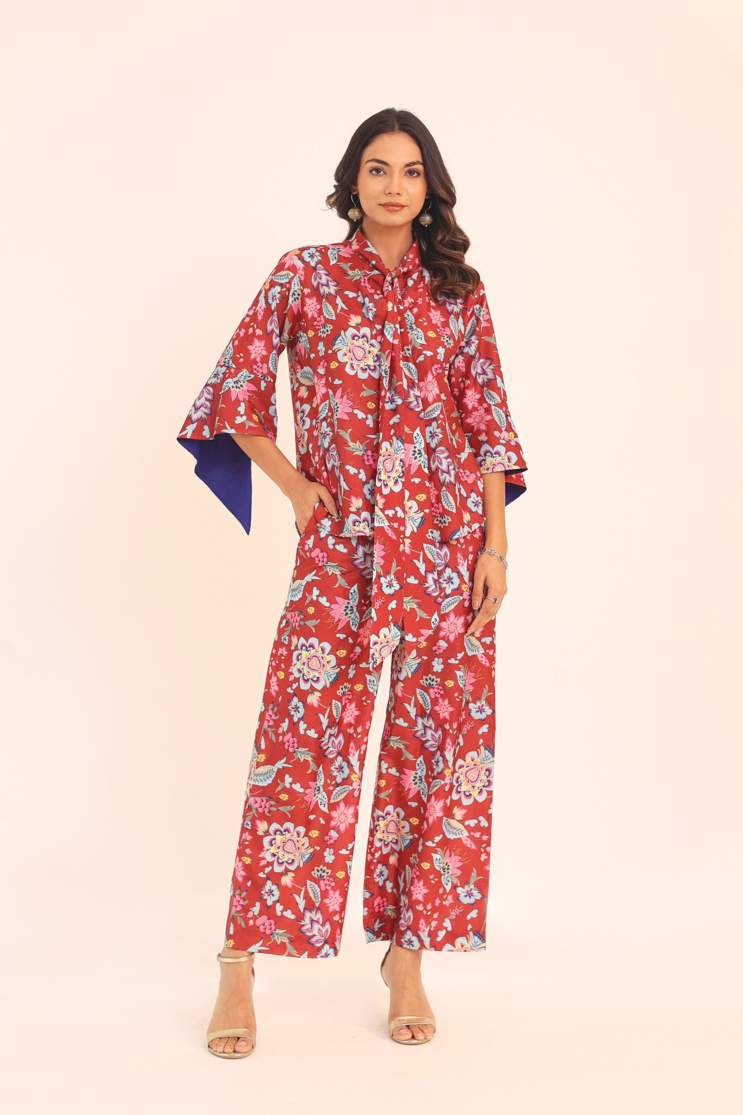 Multicolor Floral Printed Relaxed Cord-Set With Front Closer Top and Pant - Kaoribyshreya