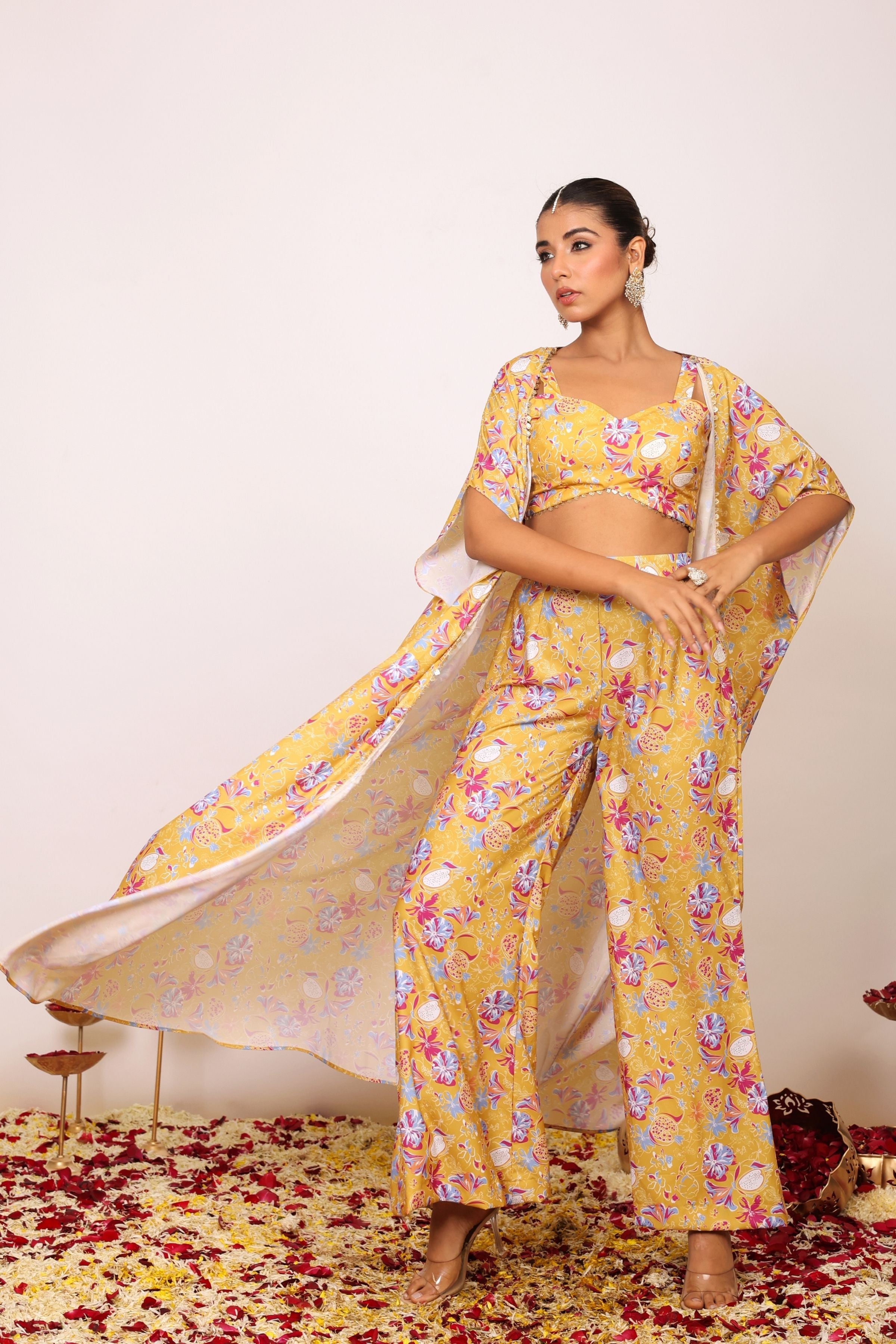 Yellow and Multicolor Floral Printed Cord-Set with Sweetheart Tube Top, Pant and Shrug - Kaoribyshreya