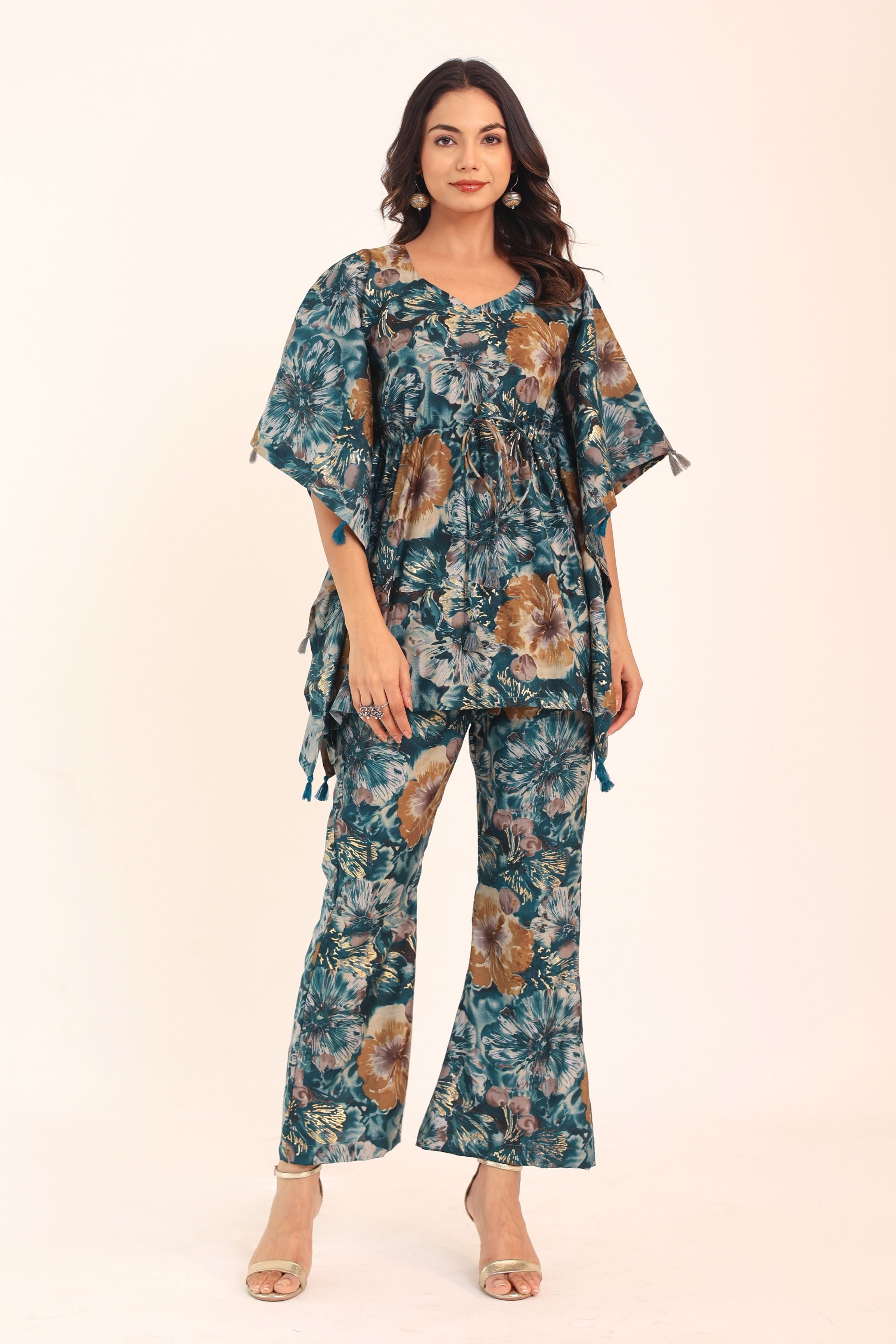 Multicolor Floral Printed Relaxed Cord-Set Kaftan Top and Pant - Kaoribyshreya