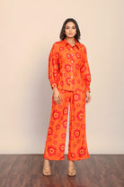 Orange Floral Printed Relaxed Cord-Set With Collar Neckline Shirt and Pant - Kaoribyshreya