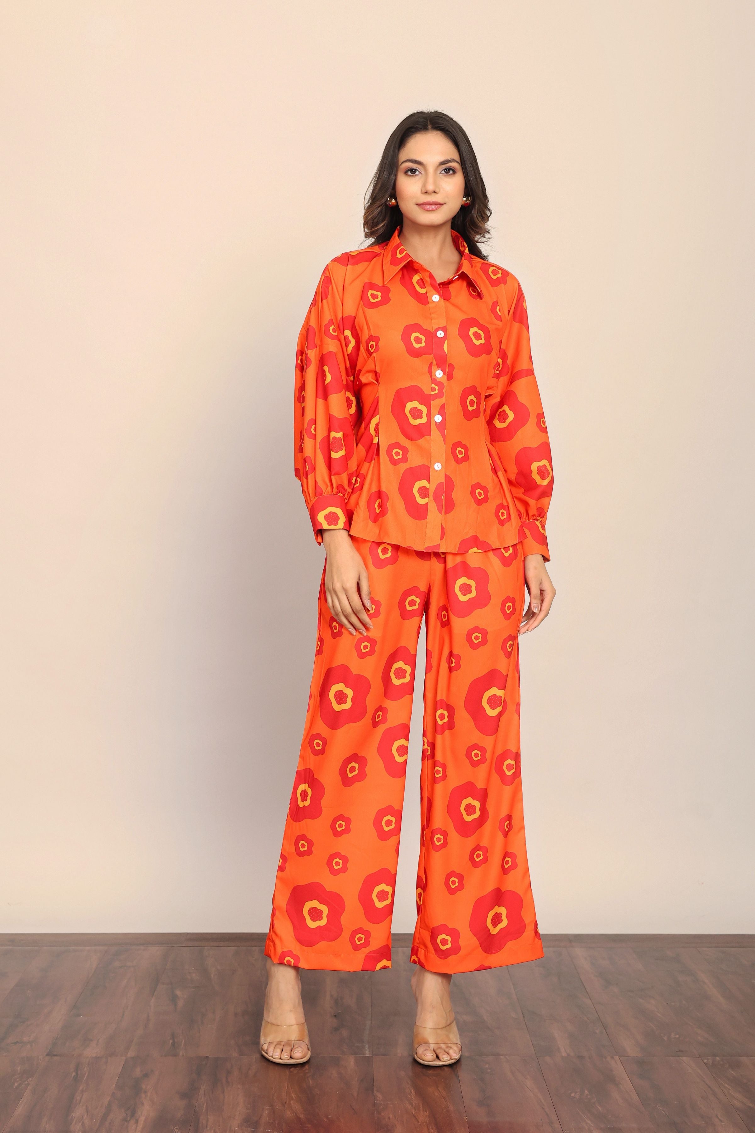Orange Floral Printed Relaxed Cord-Set With Collar Neckline Shirt and Pant - Kaoribyshreya