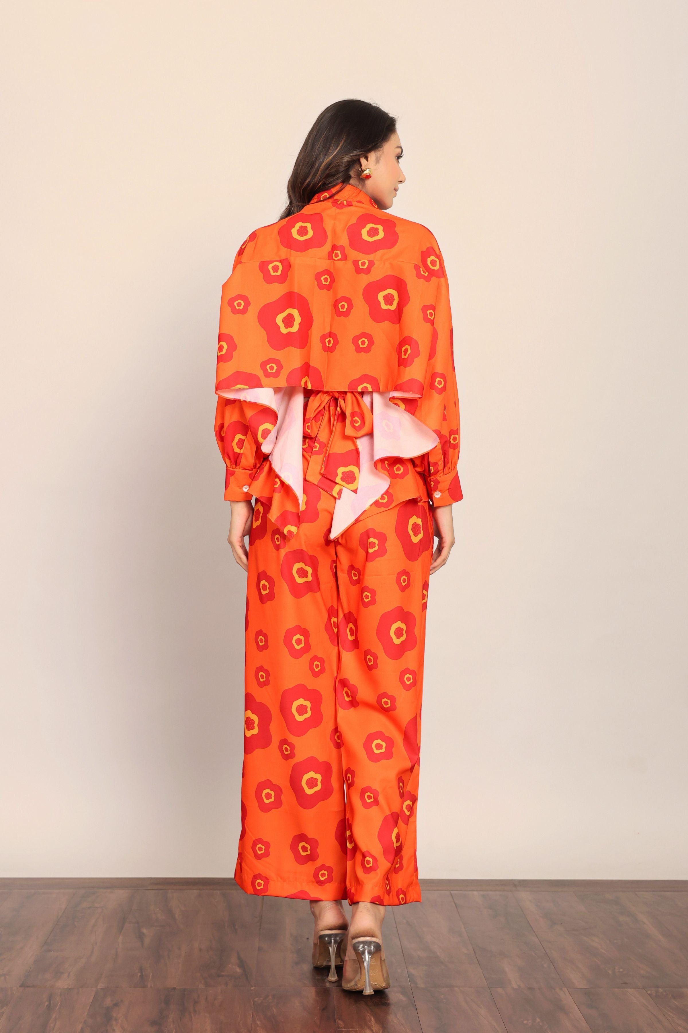Orange Floral Printed Relaxed Cord-Set With Collar Neckline Shirt and Pant - Kaoribyshreya