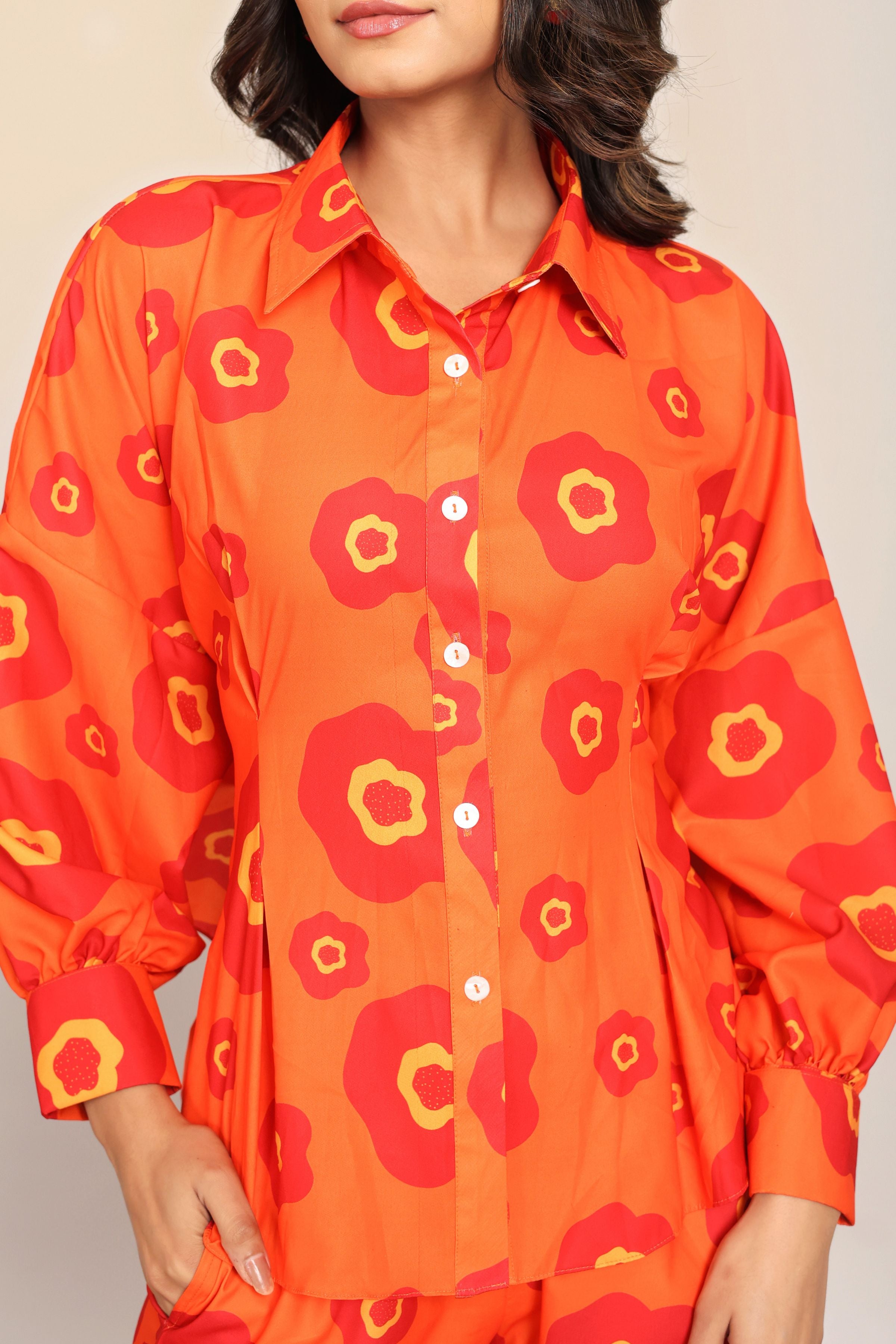Orange Floral Printed Relaxed Cord-Set With Collar Neckline Shirt and Pant - Kaoribyshreya