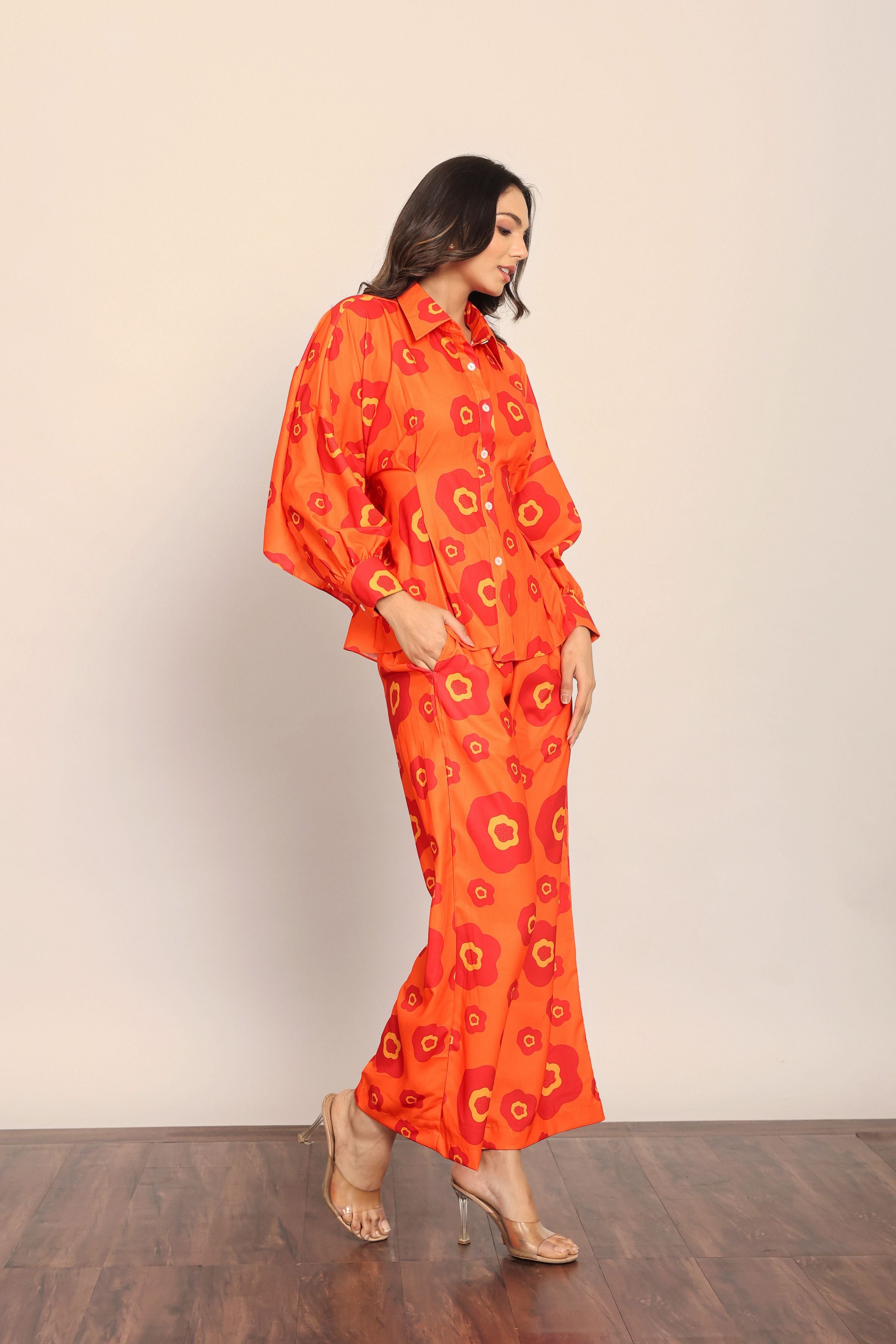 Orange Floral Printed Relaxed Cord-Set With Collar Neckline Shirt and Pant - Kaoribyshreya