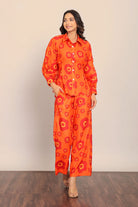 Orange Floral Printed Relaxed Cord-Set With Collar Neckline Shirt and Pant - Kaoribyshreya