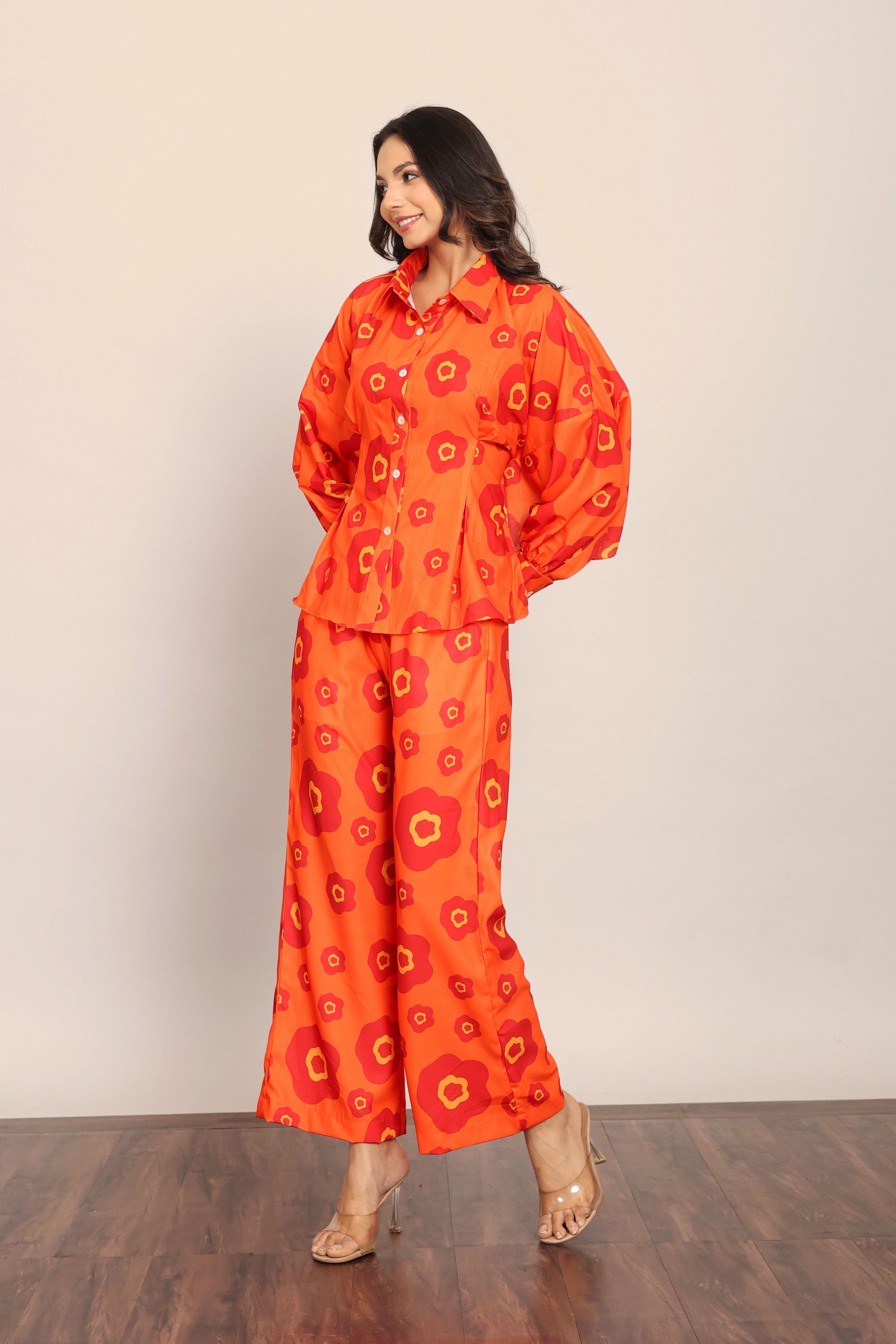 Orange Floral Printed Relaxed Cord-Set With Collar Neckline Shirt and Pant - Kaoribyshreya