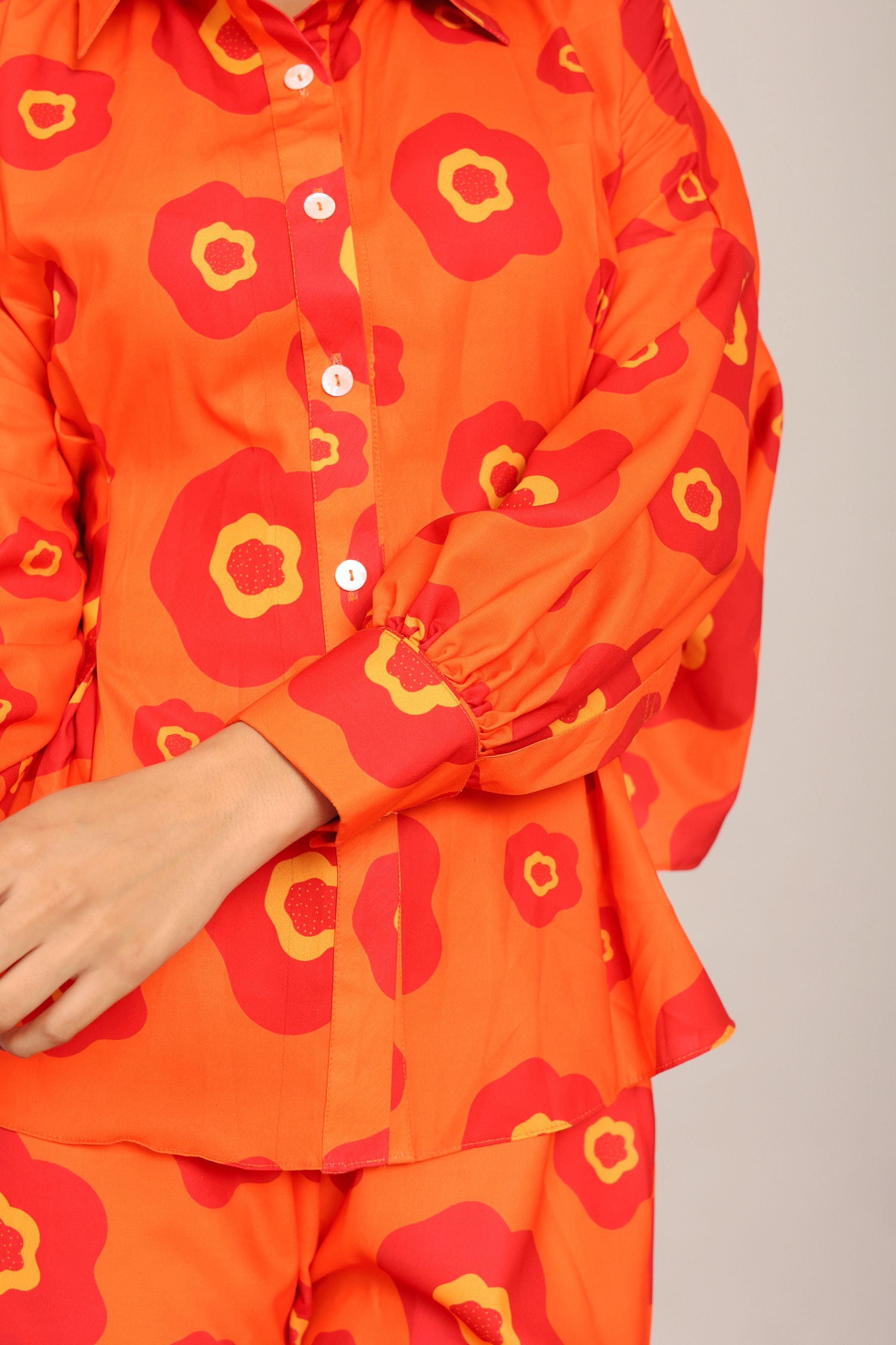 Orange Floral Printed Relaxed Cord-Set With Collar Neckline Shirt and Pant - Kaoribyshreya