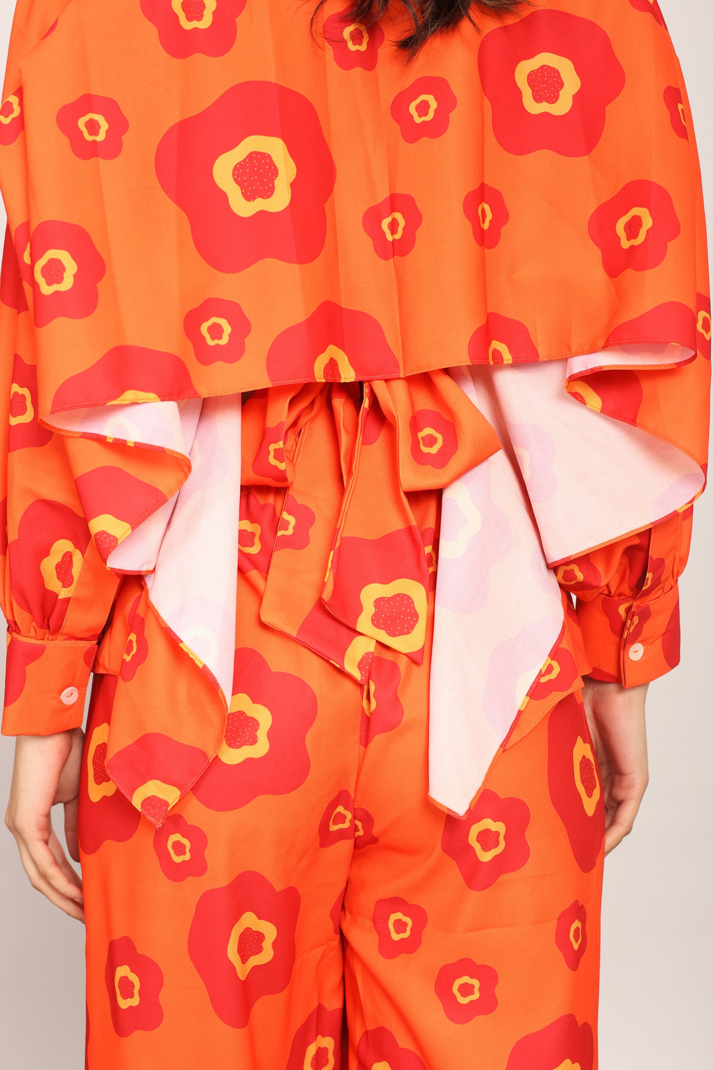 Orange Floral Printed Relaxed Cord-Set With Collar Neckline Shirt and Pant - Kaoribyshreya