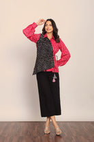 Pink and Black Relaxed Cord-Set With Bandhej Printed Angrakha Pattern Shirt and Solid Pant - Kaoribyshreya