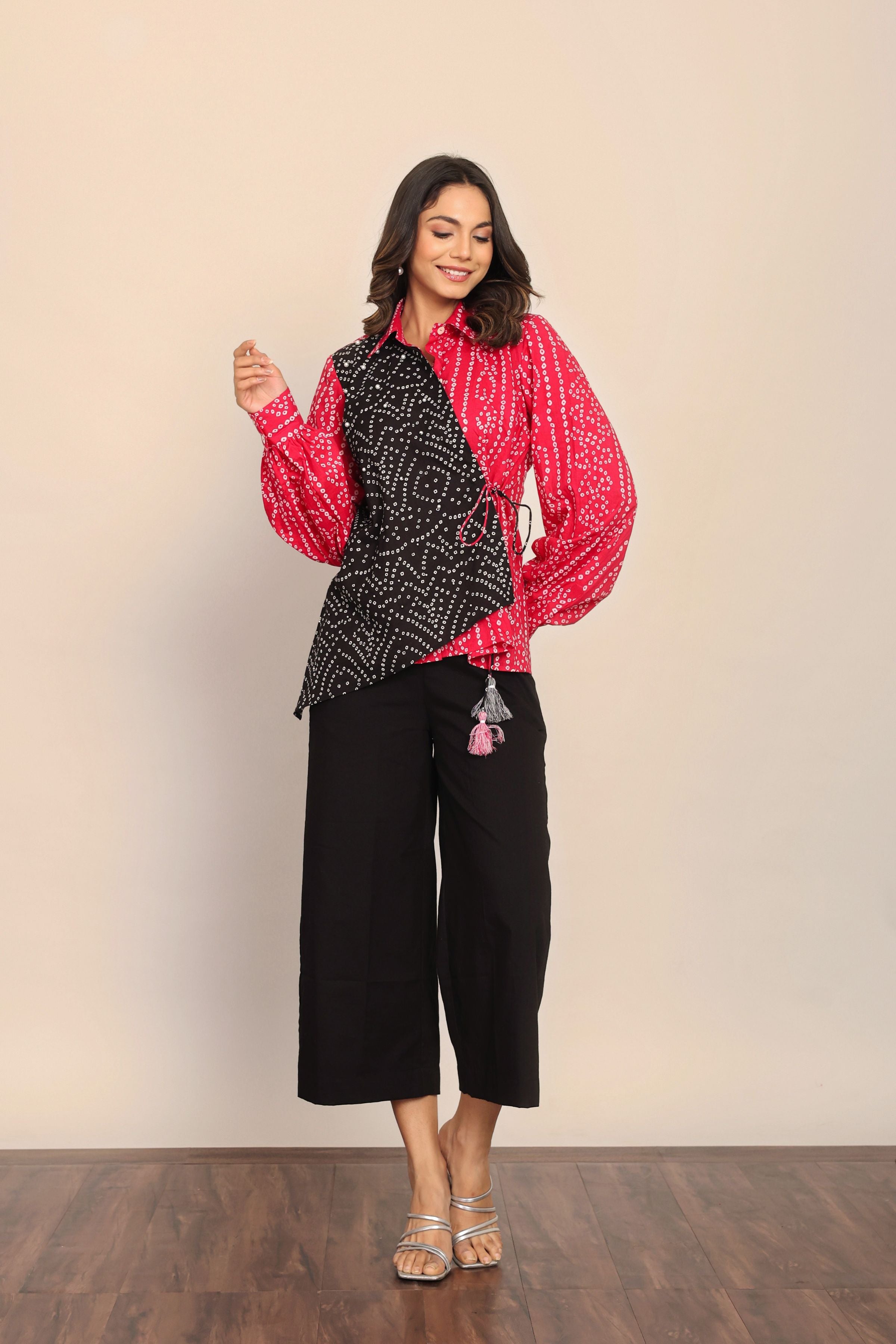Pink and Black Relaxed Cord-Set With Bandhej Printed Angrakha Pattern Shirt and Solid Pant - Kaoribyshreya