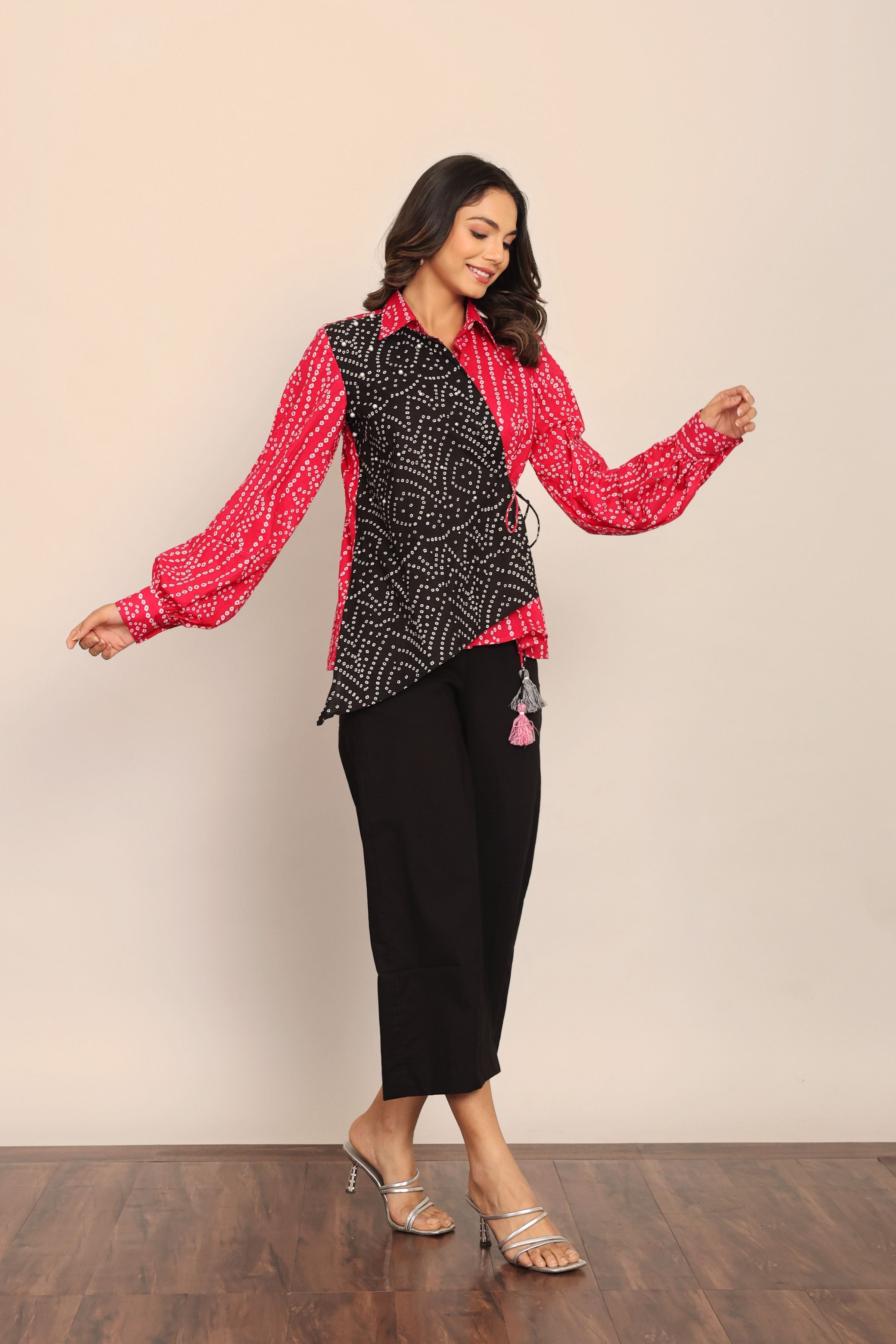 Pink and Black Relaxed Cord-Set With Bandhej Printed Angrakha Pattern Shirt and Solid Pant - Kaoribyshreya