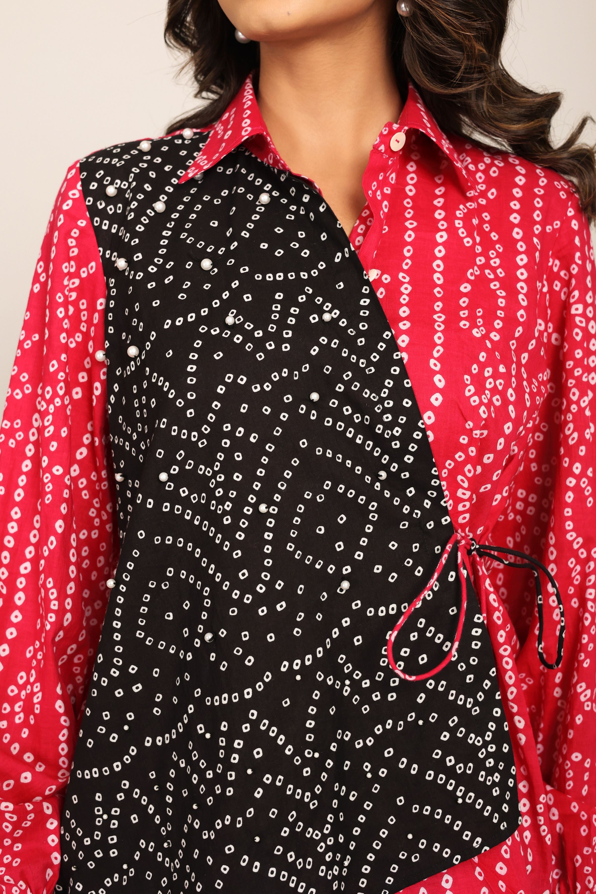 Pink and Black Relaxed Cord-Set With Bandhej Printed Angrakha Pattern Shirt and Solid Pant - Kaoribyshreya