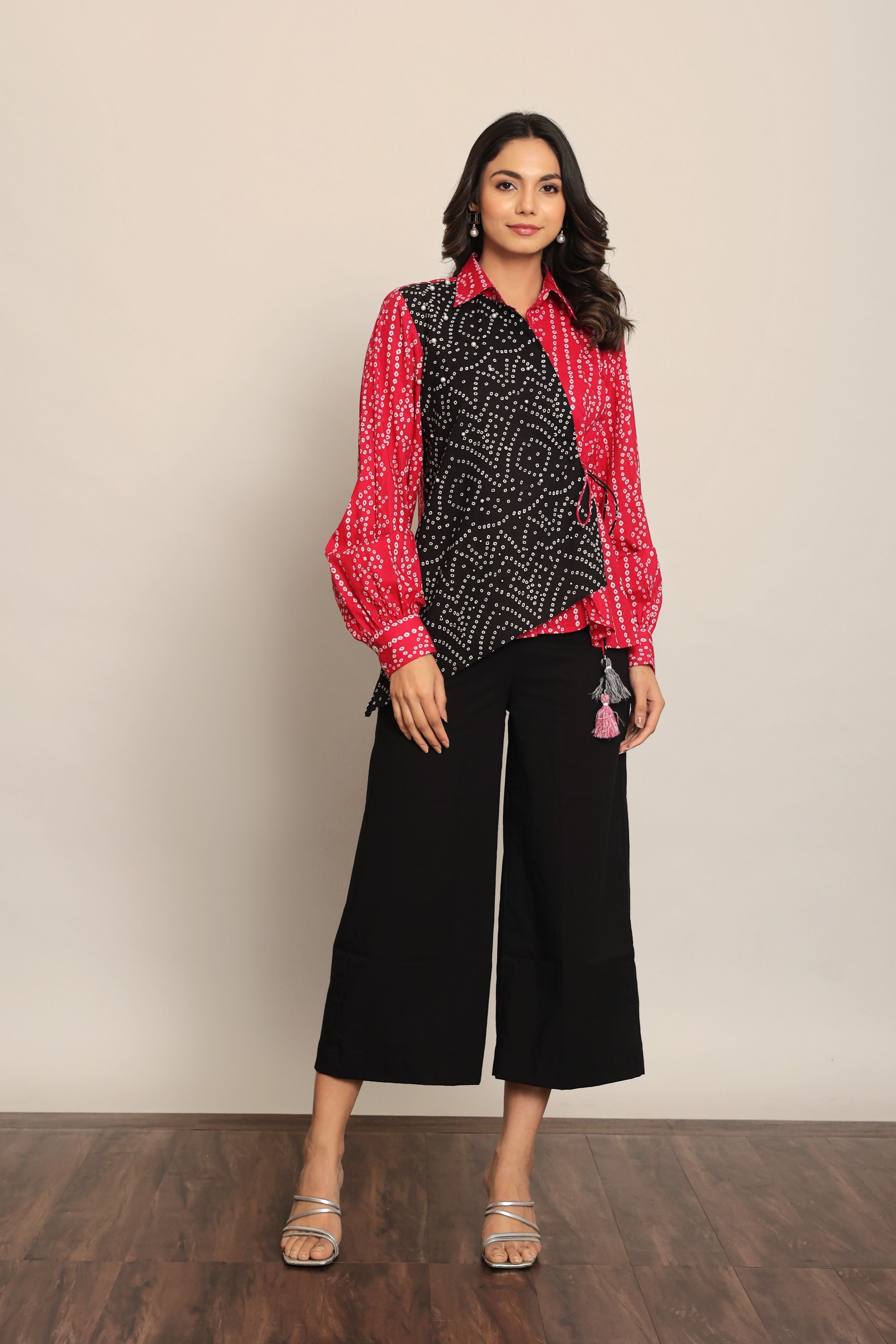 Pink and Black Relaxed Cord-Set With Bandhej Printed Angrakha Pattern Shirt and Solid Pant - Kaoribyshreya