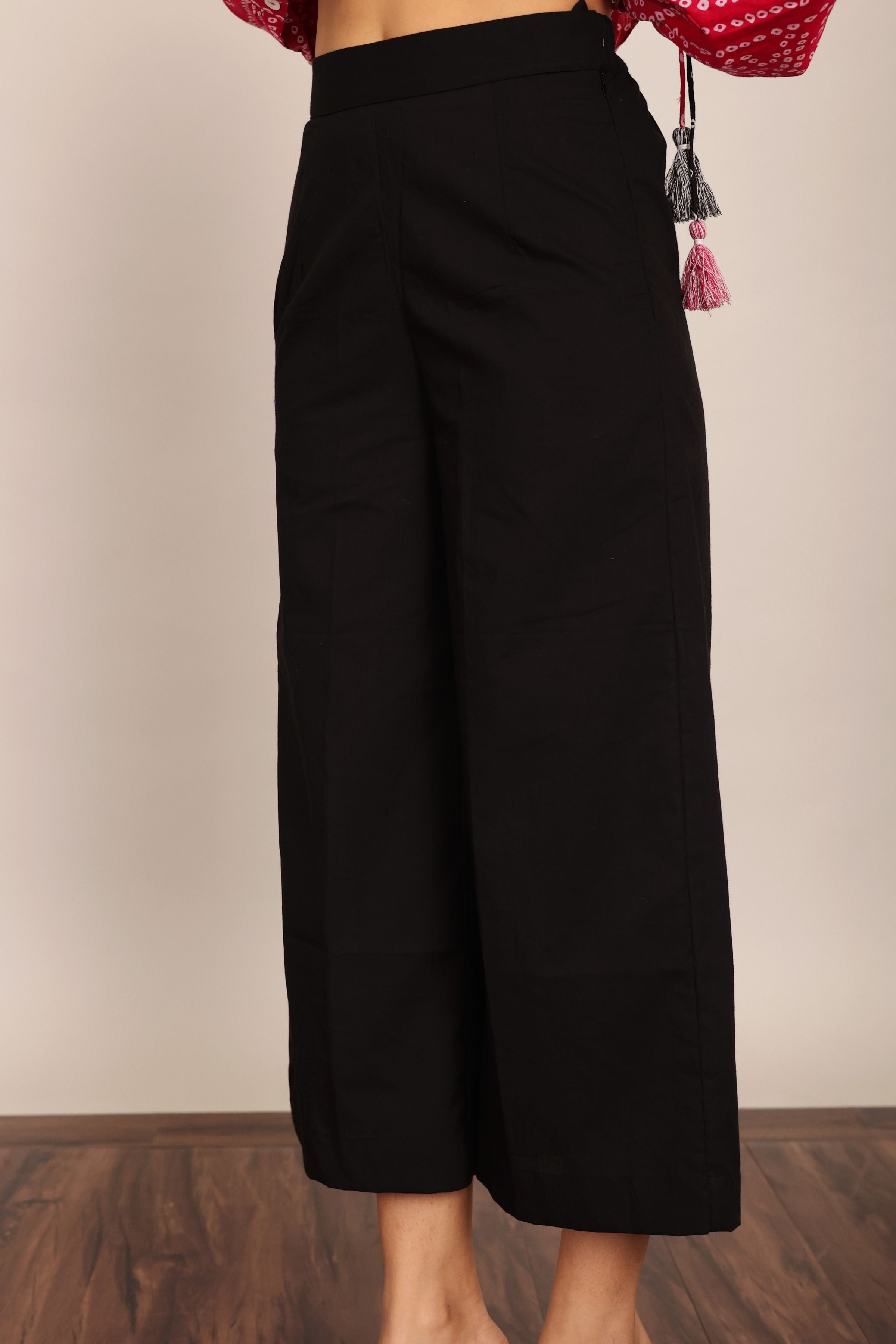 Pink and Black Relaxed Cord-Set With Bandhej Printed Angrakha Pattern Shirt and Solid Pant - Kaoribyshreya