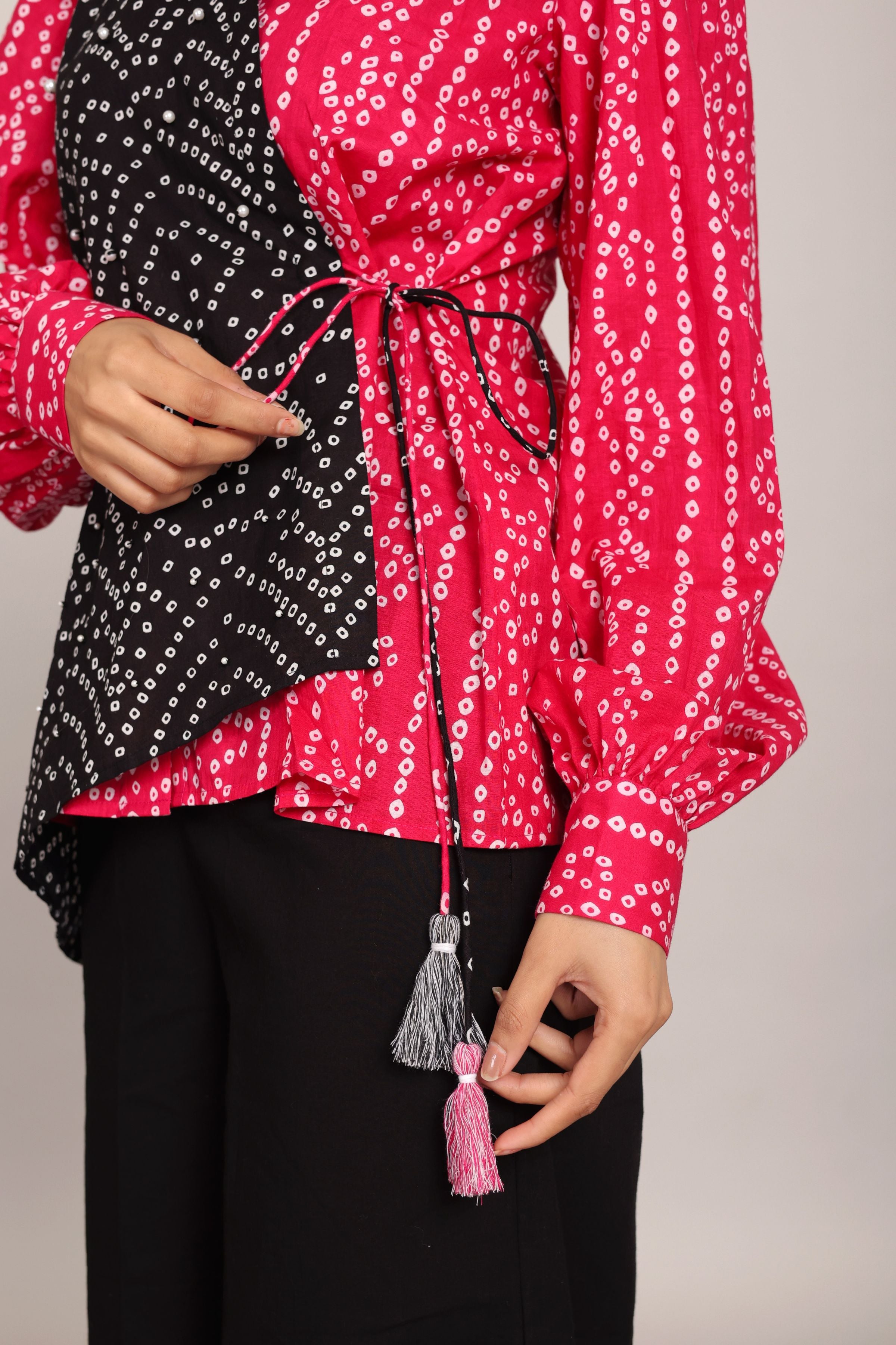 Pink and Black Relaxed Cord-Set With Bandhej Printed Angrakha Pattern Shirt and Solid Pant - Kaoribyshreya