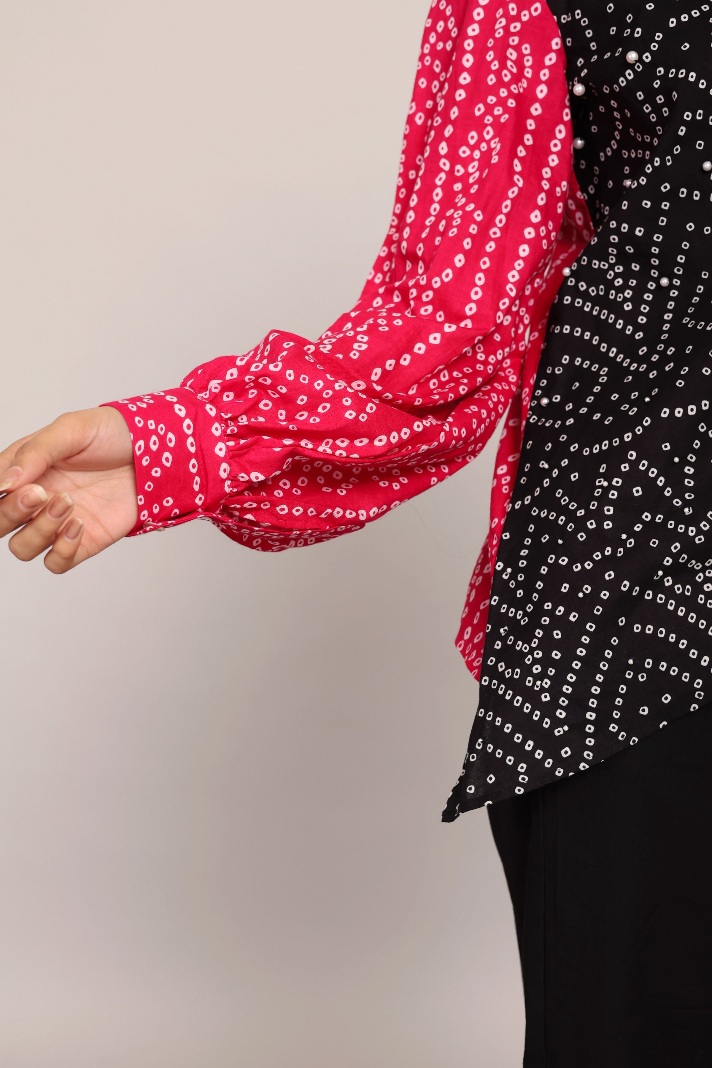 Pink and Black Relaxed Cord-Set With Bandhej Printed Angrakha Pattern Shirt and Solid Pant - Kaoribyshreya