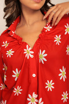 Red and White Floral Printed Western Cord-Set Relaxed Shirt and Pant - Kaoribyshreya