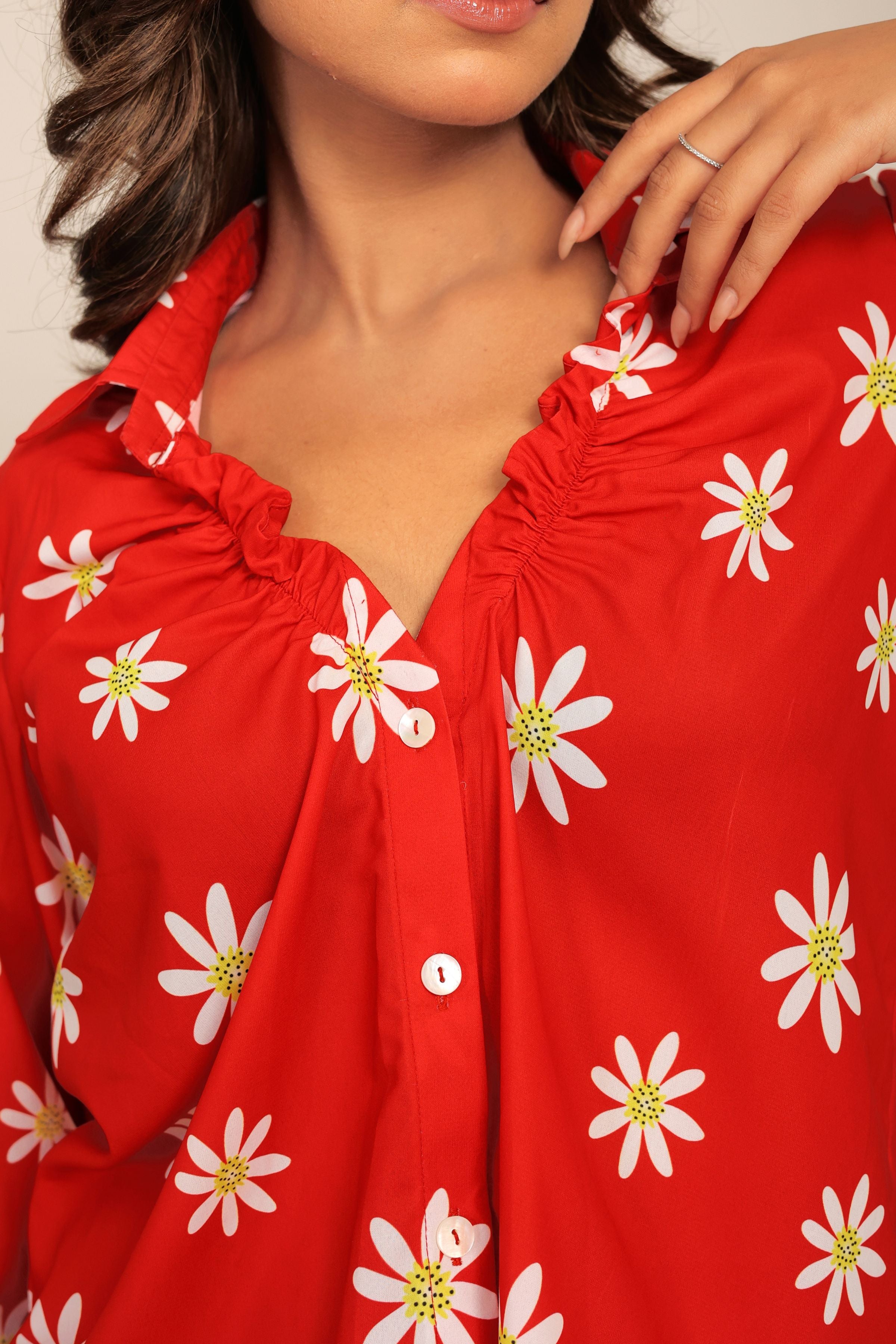 Red and White Floral Printed Western Cord-Set Relaxed Shirt and Pant - Kaoribyshreya