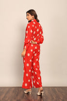 Red and White Floral Printed Western Cord-Set Relaxed Shirt and Pant - Kaoribyshreya