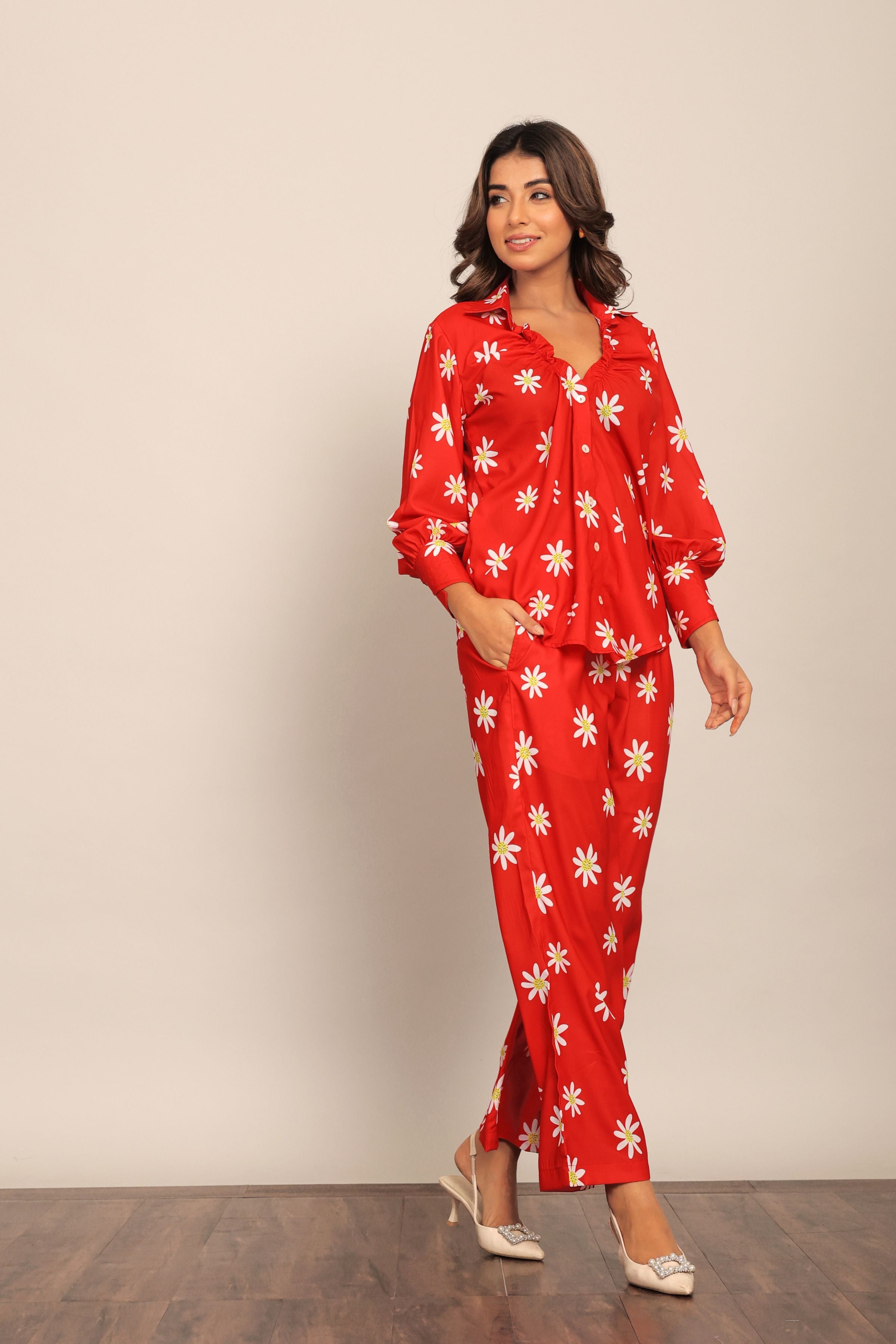 Red and White Floral Printed Western Cord-Set Relaxed Shirt and Pant - Kaoribyshreya