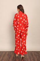 Red and White Floral Printed Western Cord-Set Relaxed Shirt and Pant - Kaoribyshreya