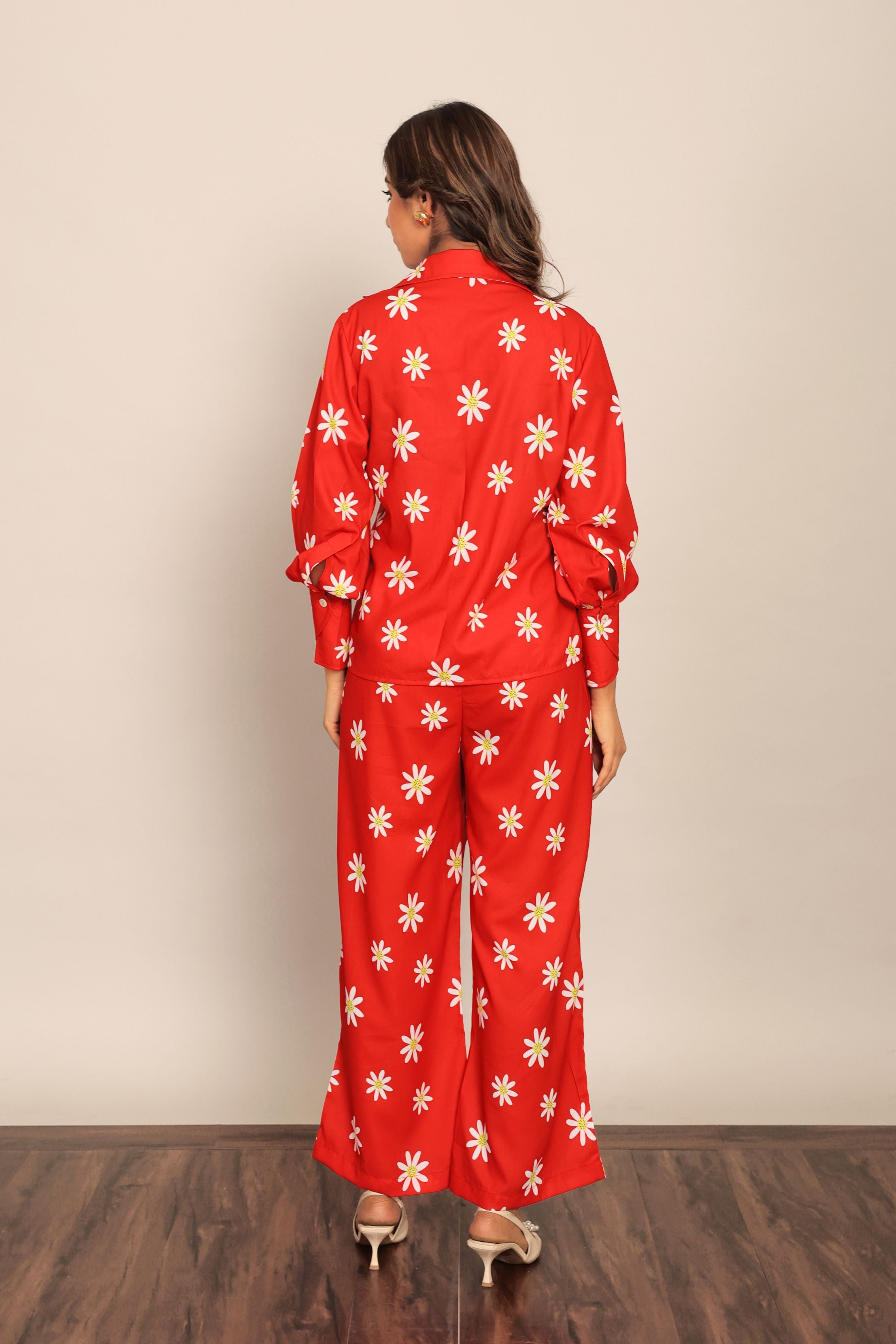 Red and White Floral Printed Western Cord-Set Relaxed Shirt and Pant - Kaoribyshreya