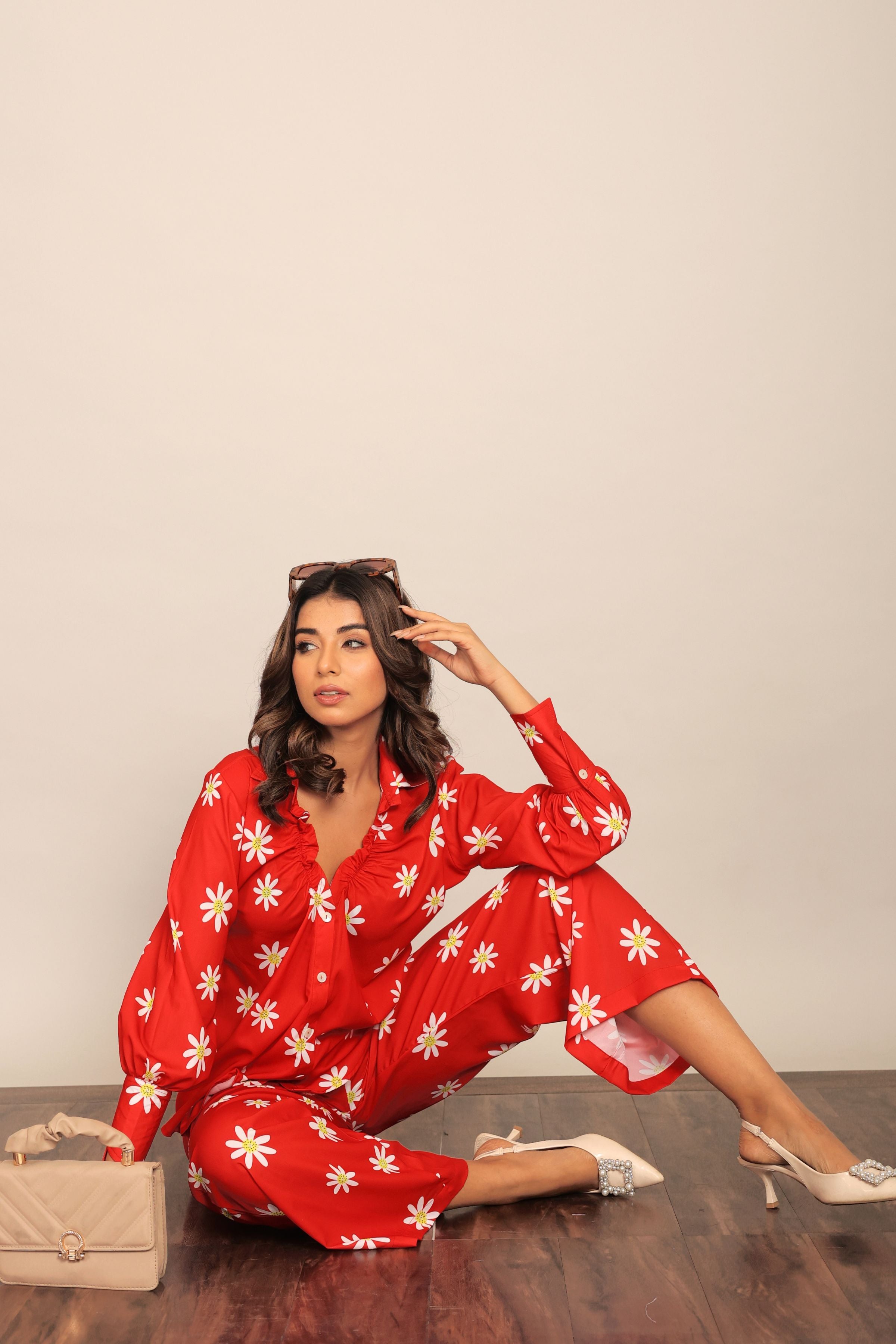 Red and White Floral Printed Western Cord-Set Relaxed Shirt and Pant - Kaoribyshreya