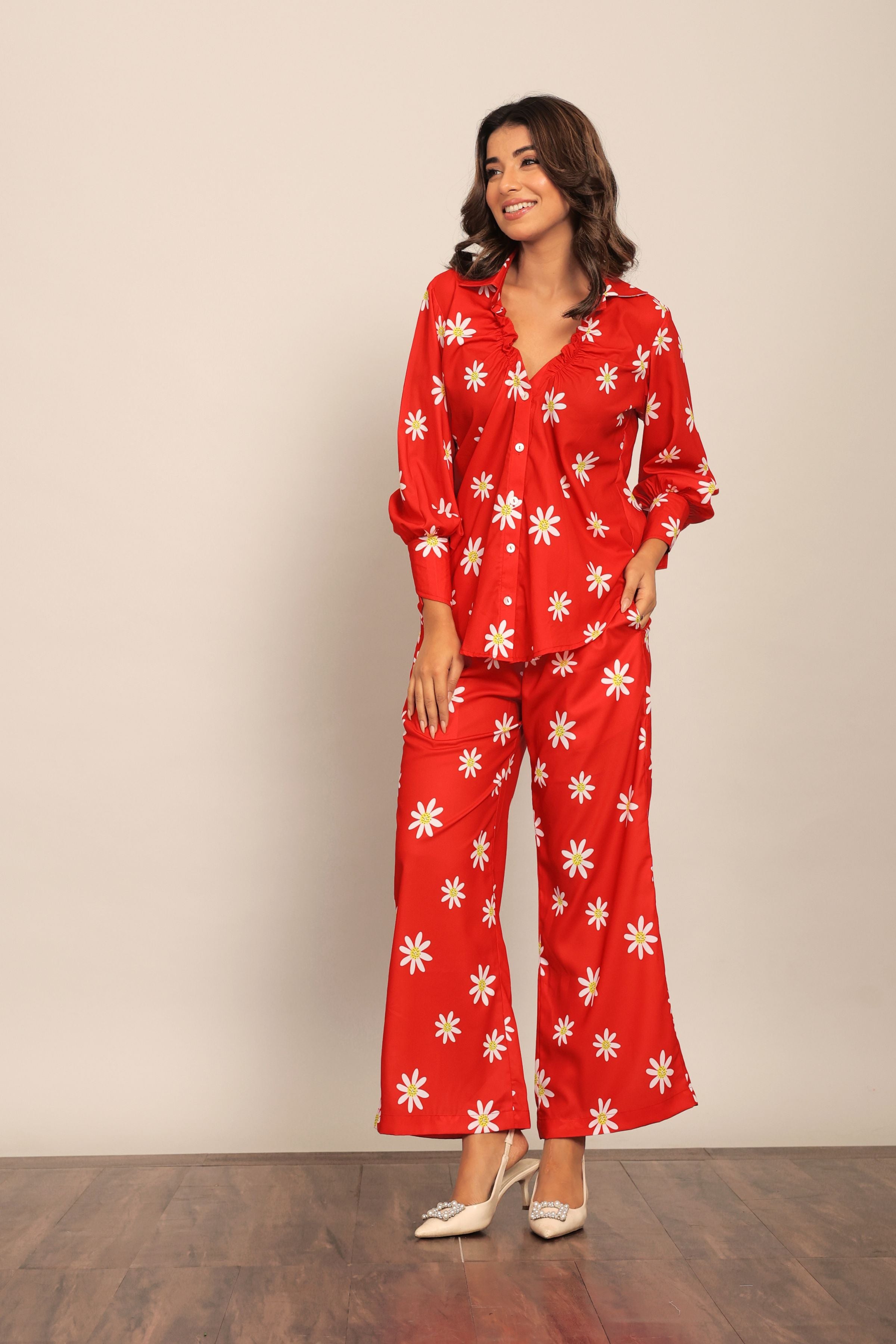 Red and White Floral Printed Western Cord-Set Relaxed Shirt and Pant - Kaoribyshreya