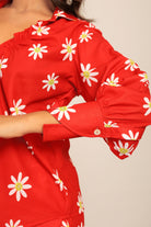 Red and White Floral Printed Western Cord-Set Relaxed Shirt and Pant - Kaoribyshreya